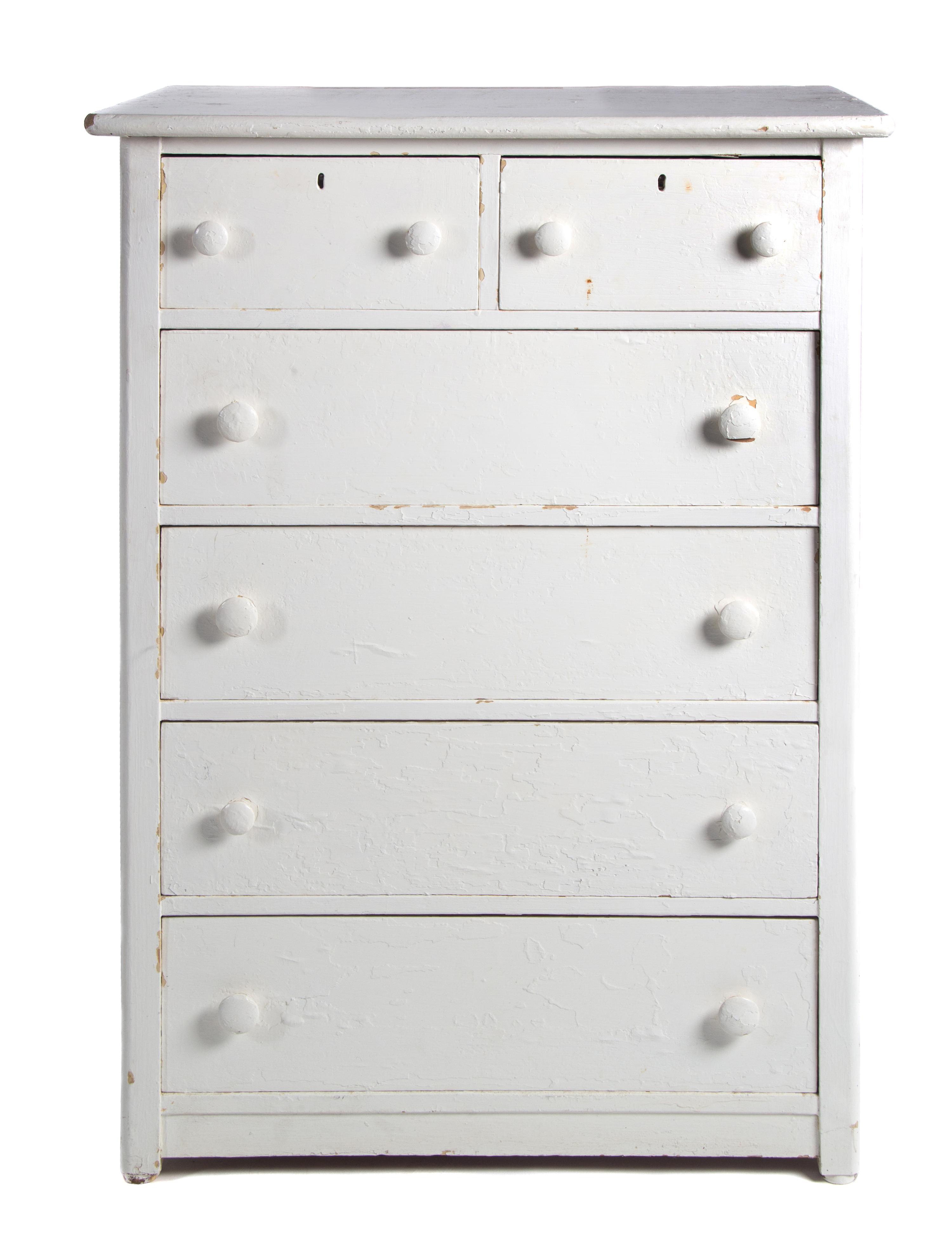 A Group of White Painted Dressers Height of larger 48 1/2 inches x width 34 inches x depth 19 1/4 inches.