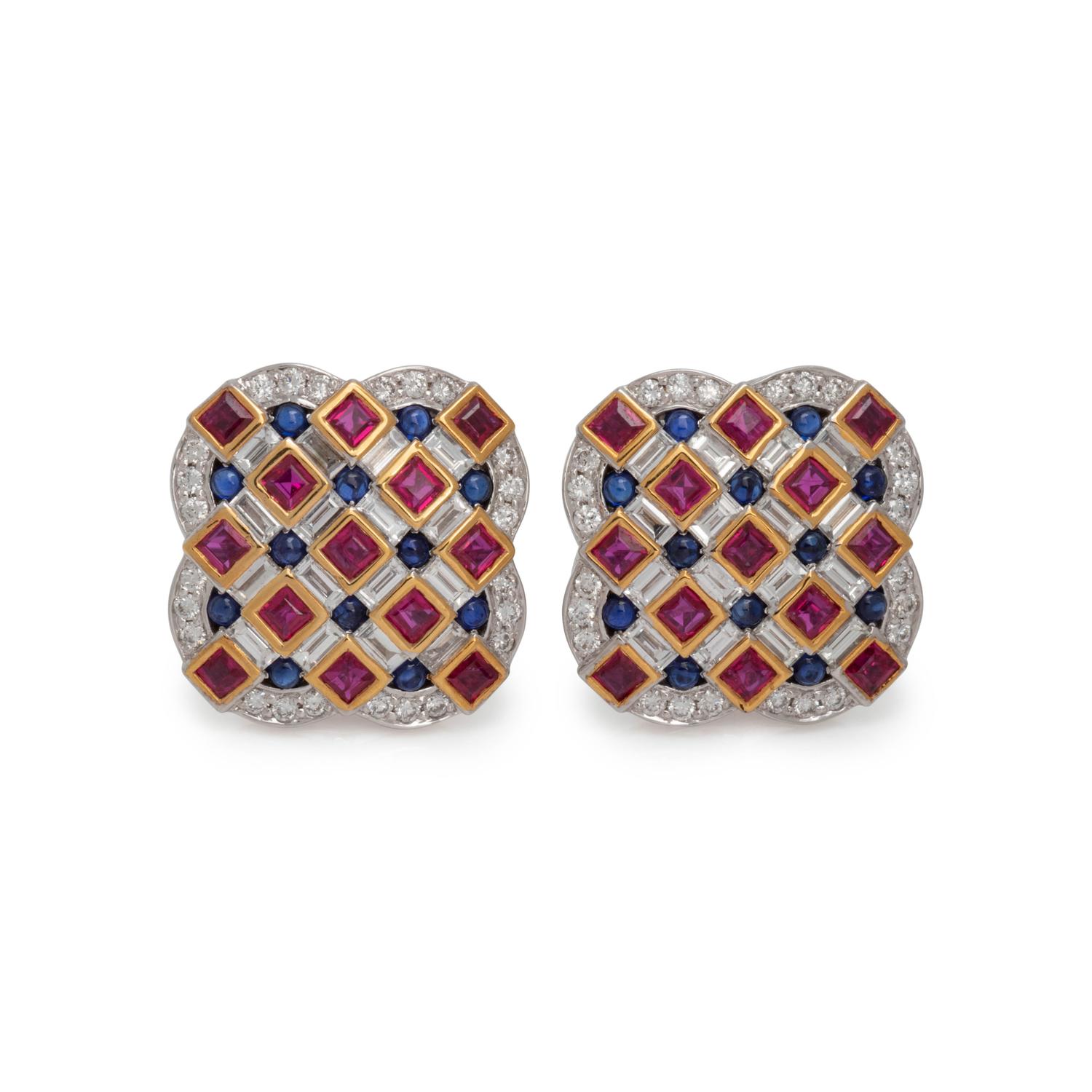 DIAMOND, RUBY, AND SAPPHIRE EARRINGS