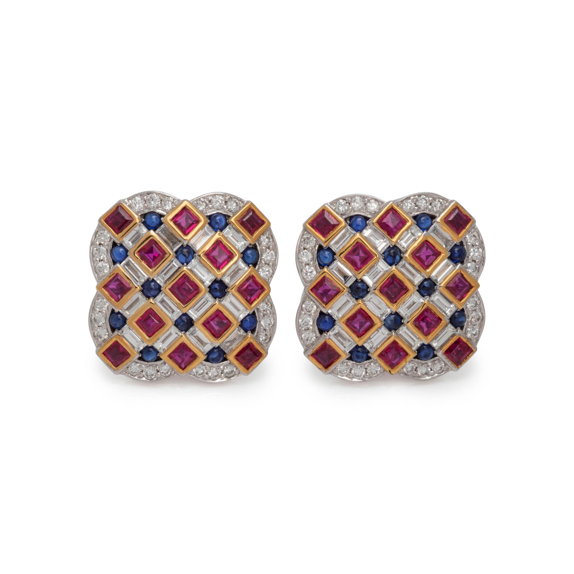 DIAMOND, RUBY, AND SAPPHIRE EARRINGS