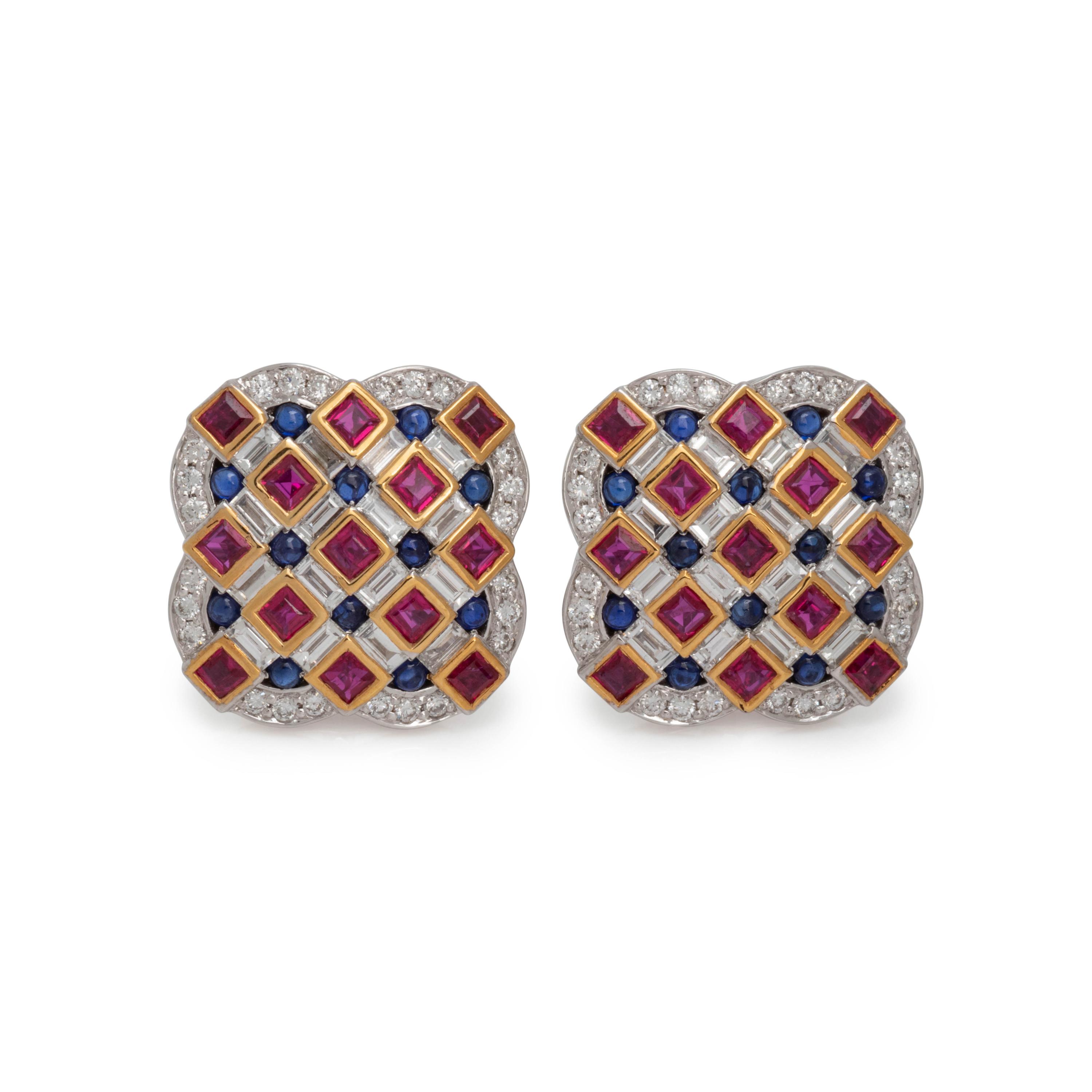 DIAMOND, RUBY, AND SAPPHIRE EARRINGS