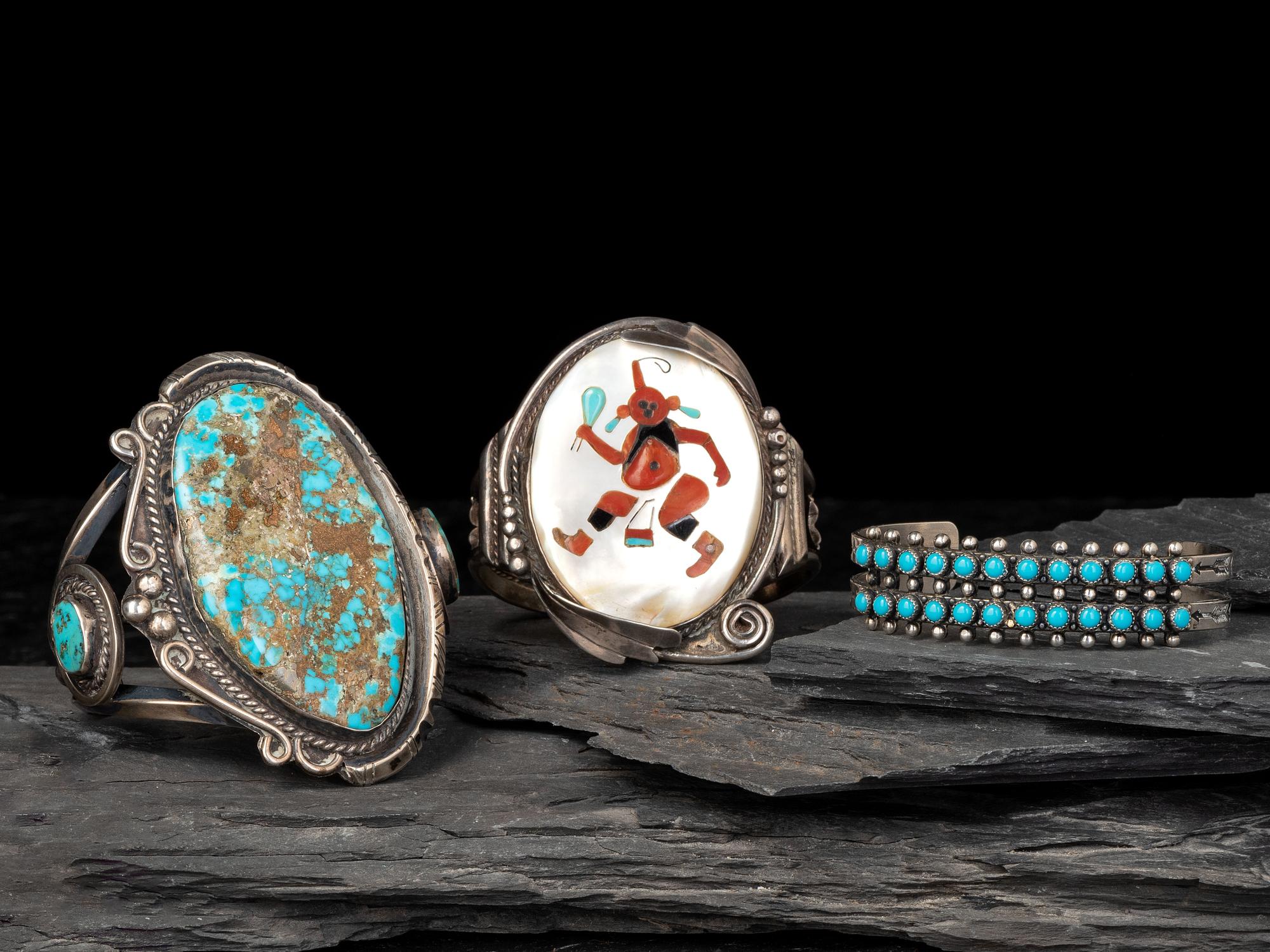 Navajo and Zuni Silver Cuff Bracelets with Inlay