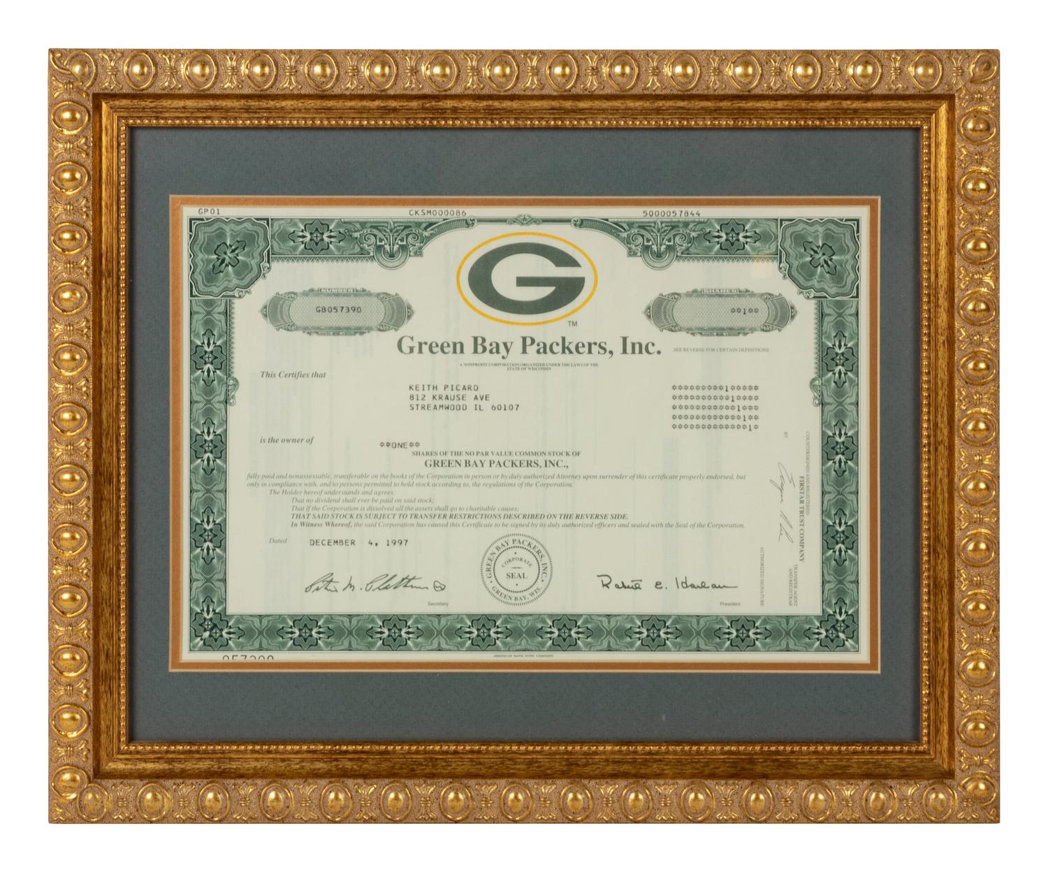 A 1997 Green Bay Packers Stock Certificate,