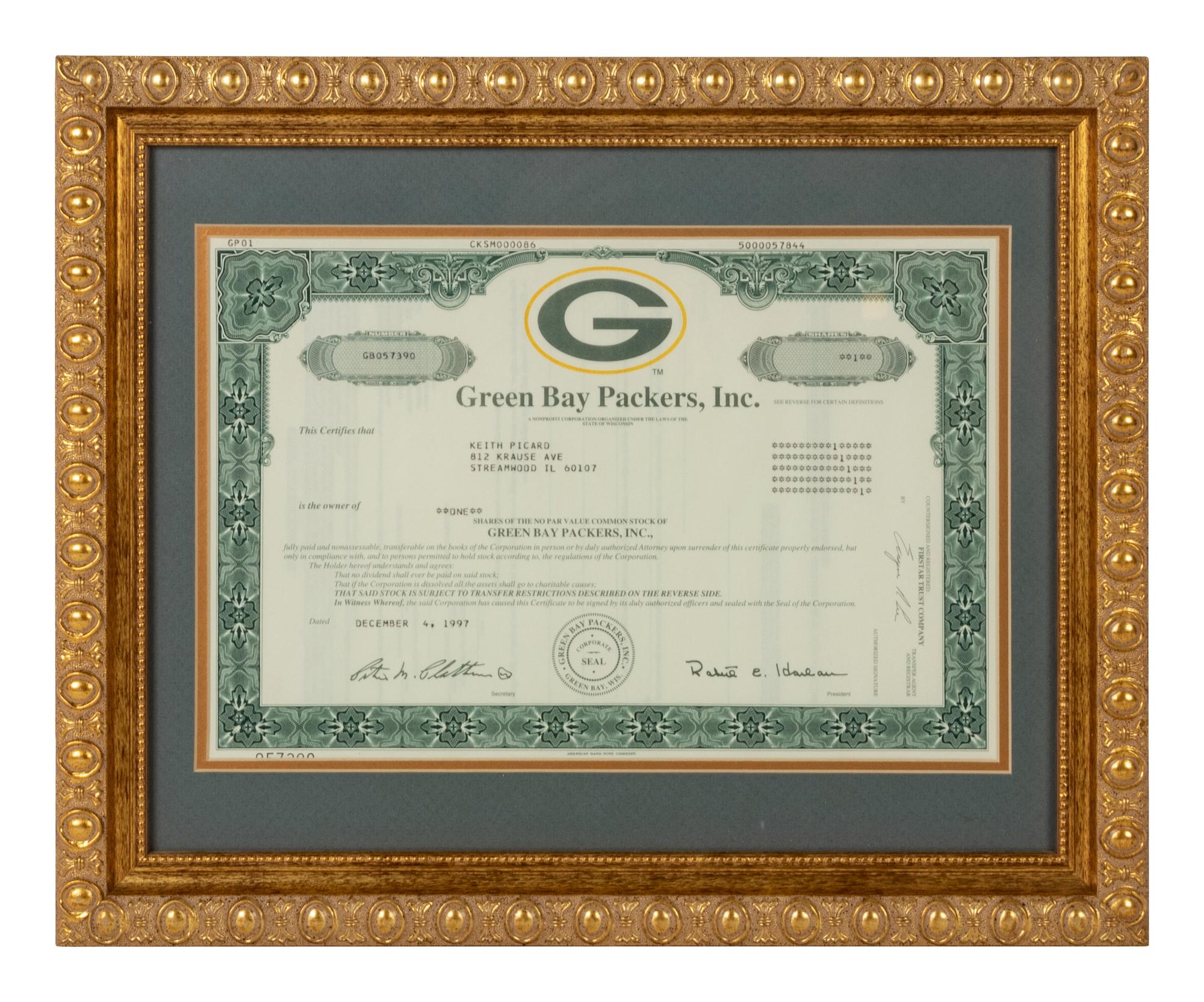 A 1997 Green Bay Packers Stock Certificate,