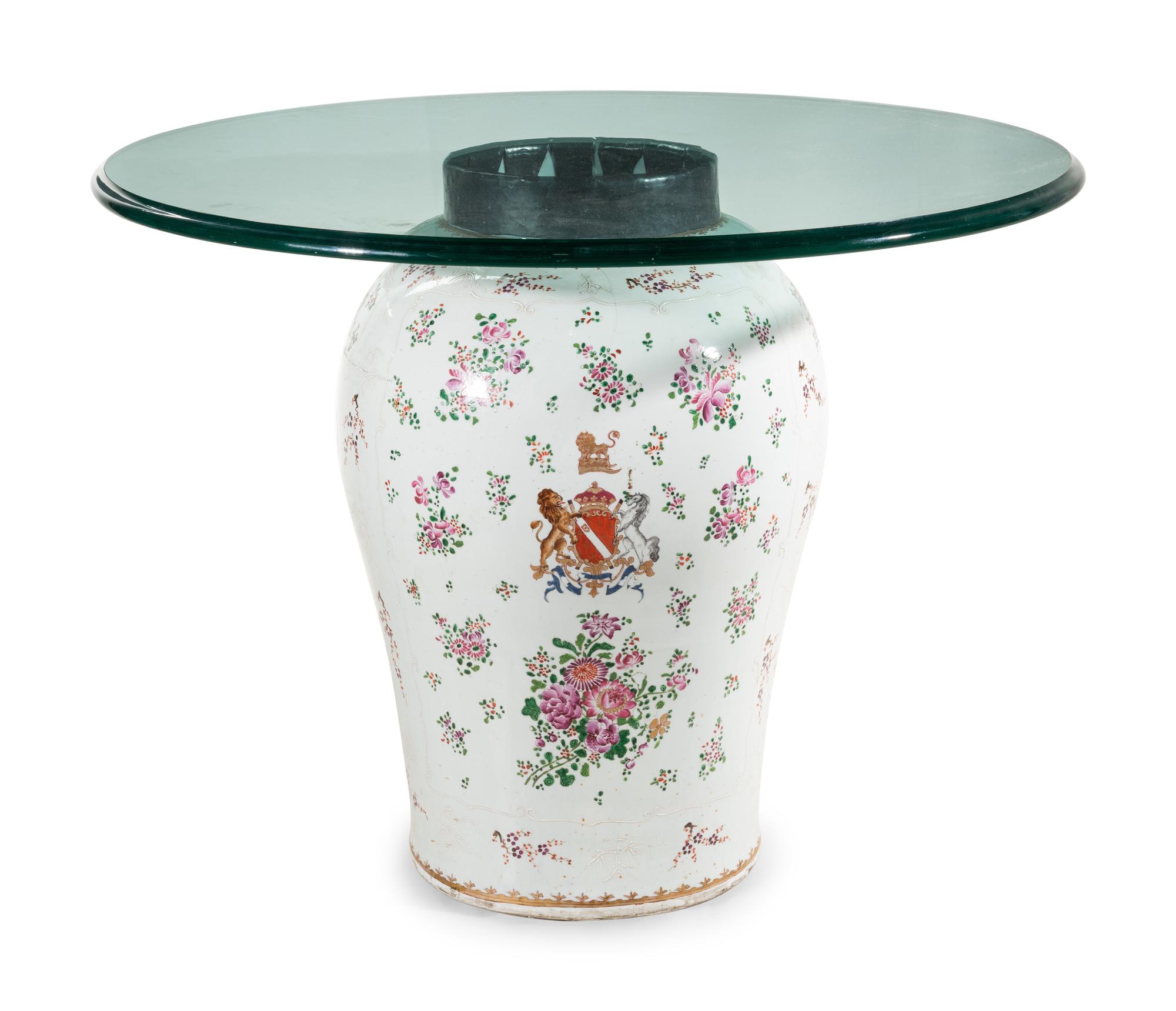 A Large Samson Porcelain Vase Converted to a Glass-Top Table