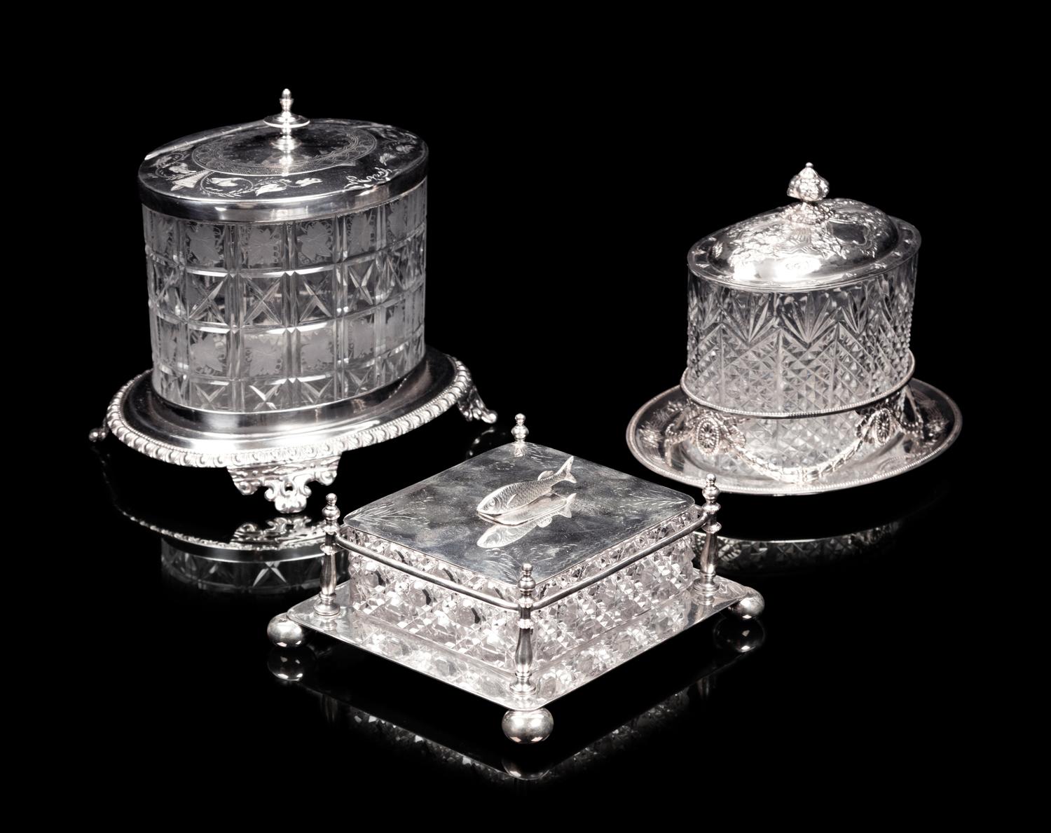 Two English Silver-Plate and Cut Glass Biscuit Jars and A Similar Sardine Box