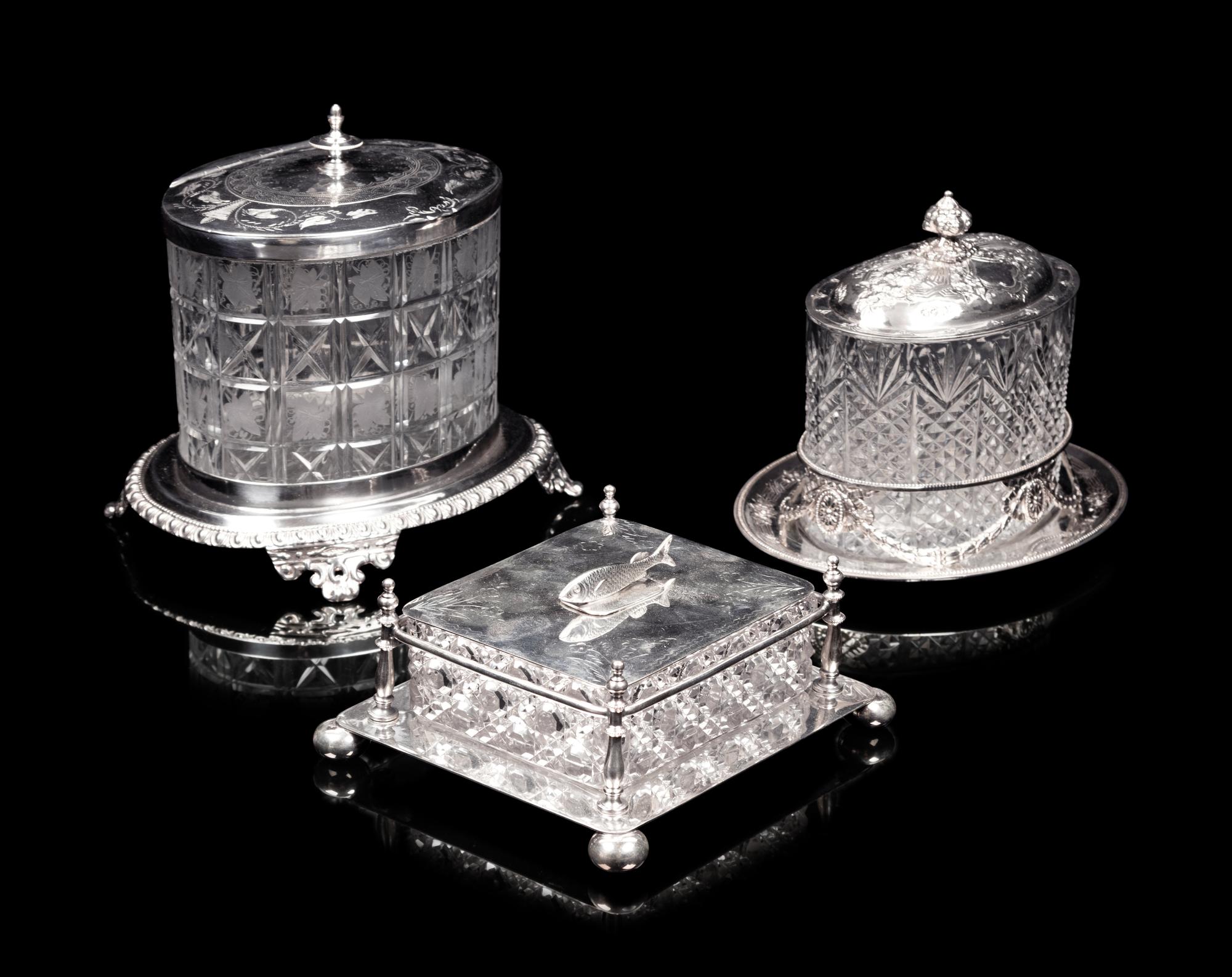 Two English Silver-Plate and Cut Glass Biscuit Jars and A Similar Sardine Box