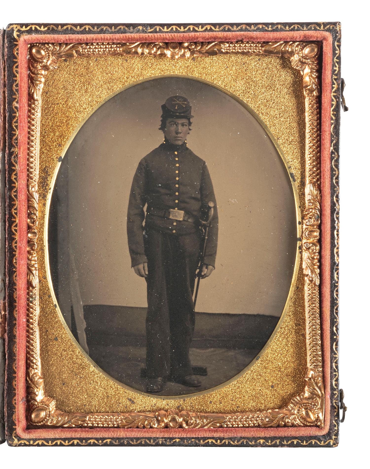 [CIVIL WAR]. Quarter plate tintype of Private Butterfield, Company I, 14th Illinois Cavalry, posed with his sword.