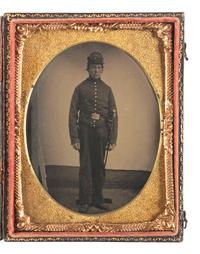 [CIVIL WAR]. Quarter plate tintype of Private Butterfield, Company I, 14th Illinois Cavalry, posed with his sword.