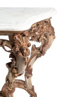 A Louis XV Painted and Parcel Gilt Marble-Top Console Table