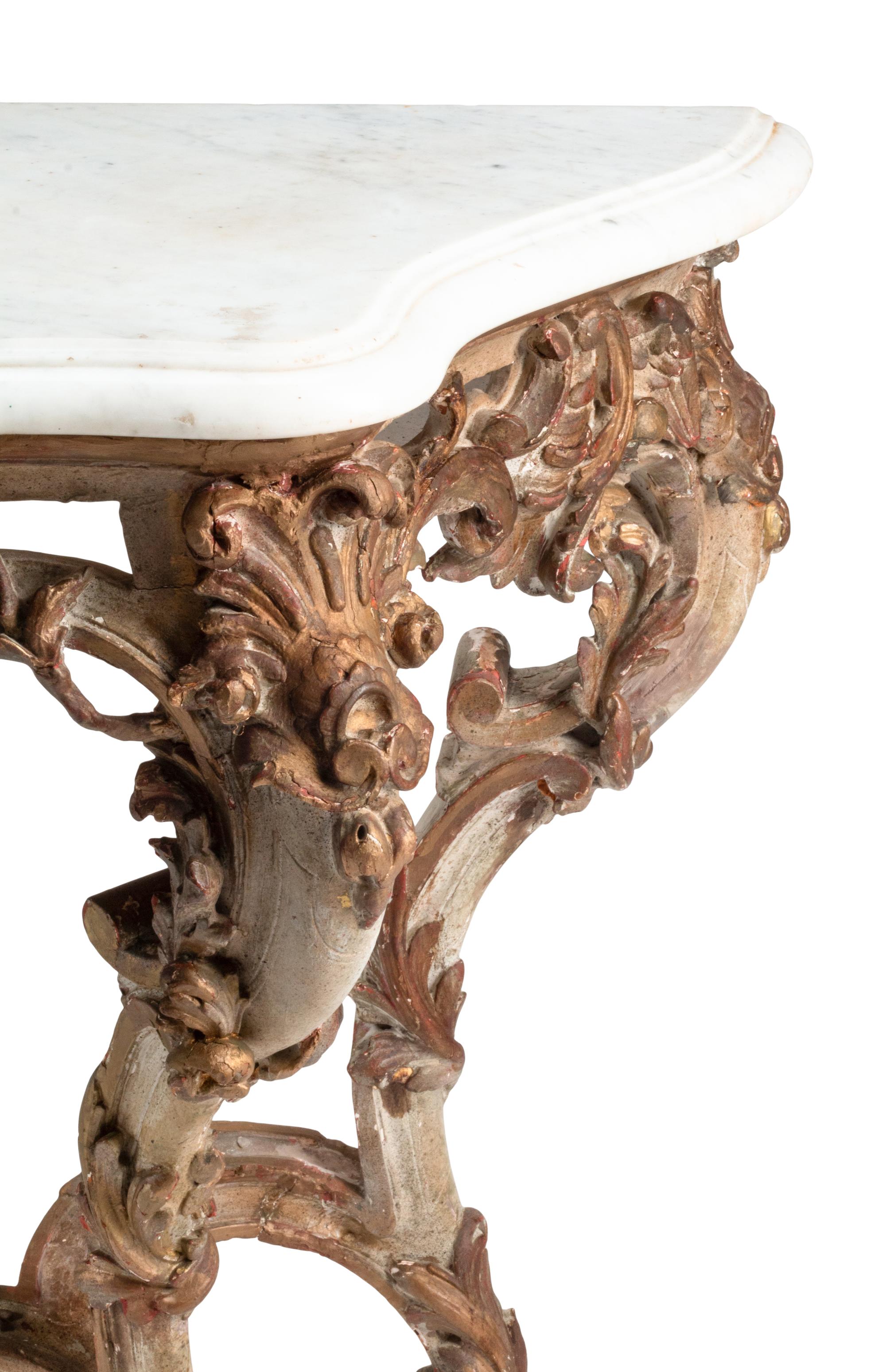 A Louis XV Painted and Parcel Gilt Marble-Top Console Table