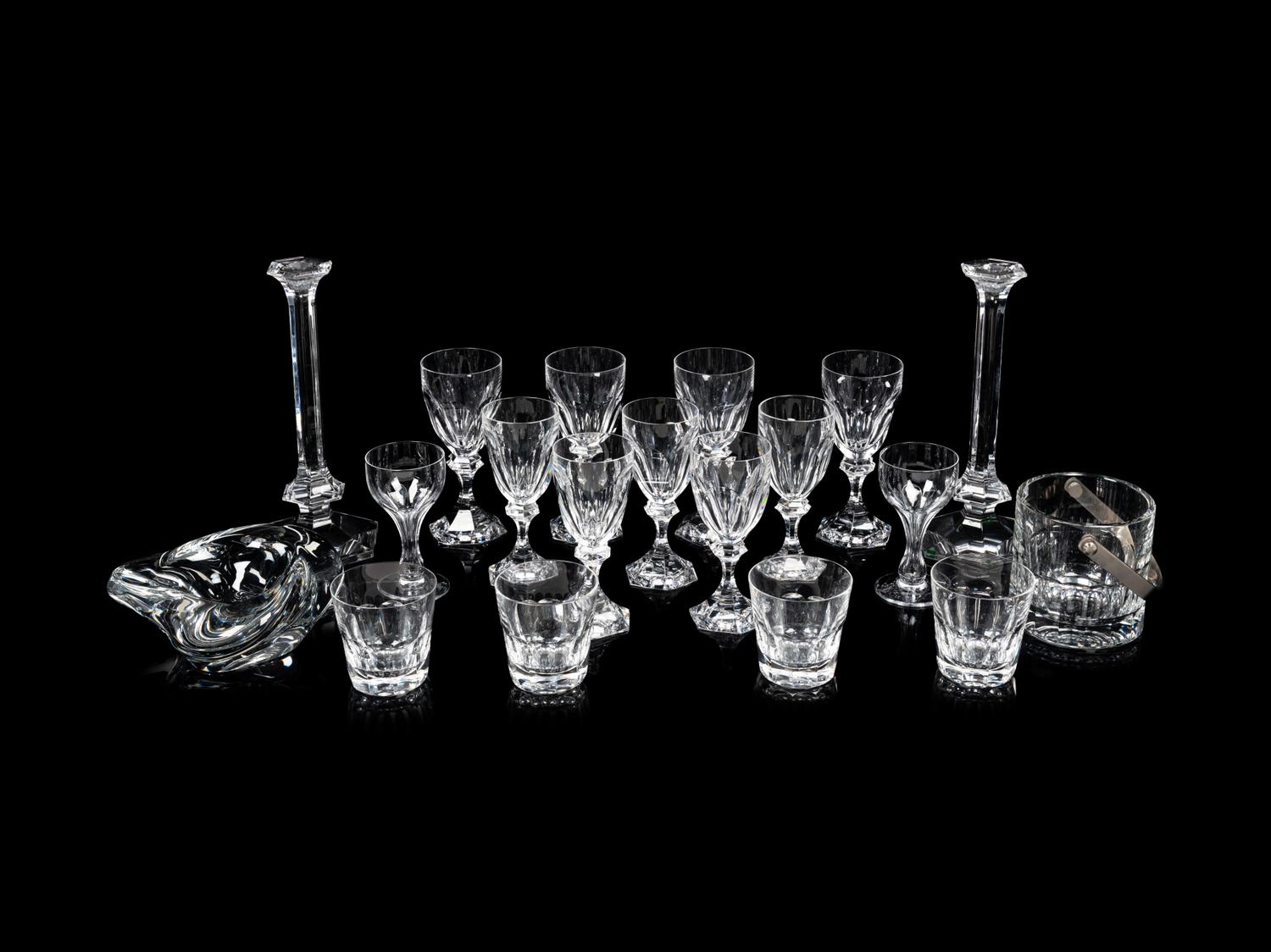 A Collection of Saint Louis Glass Barware and a Pair of Val St. Lambert Elysee Candlesticks