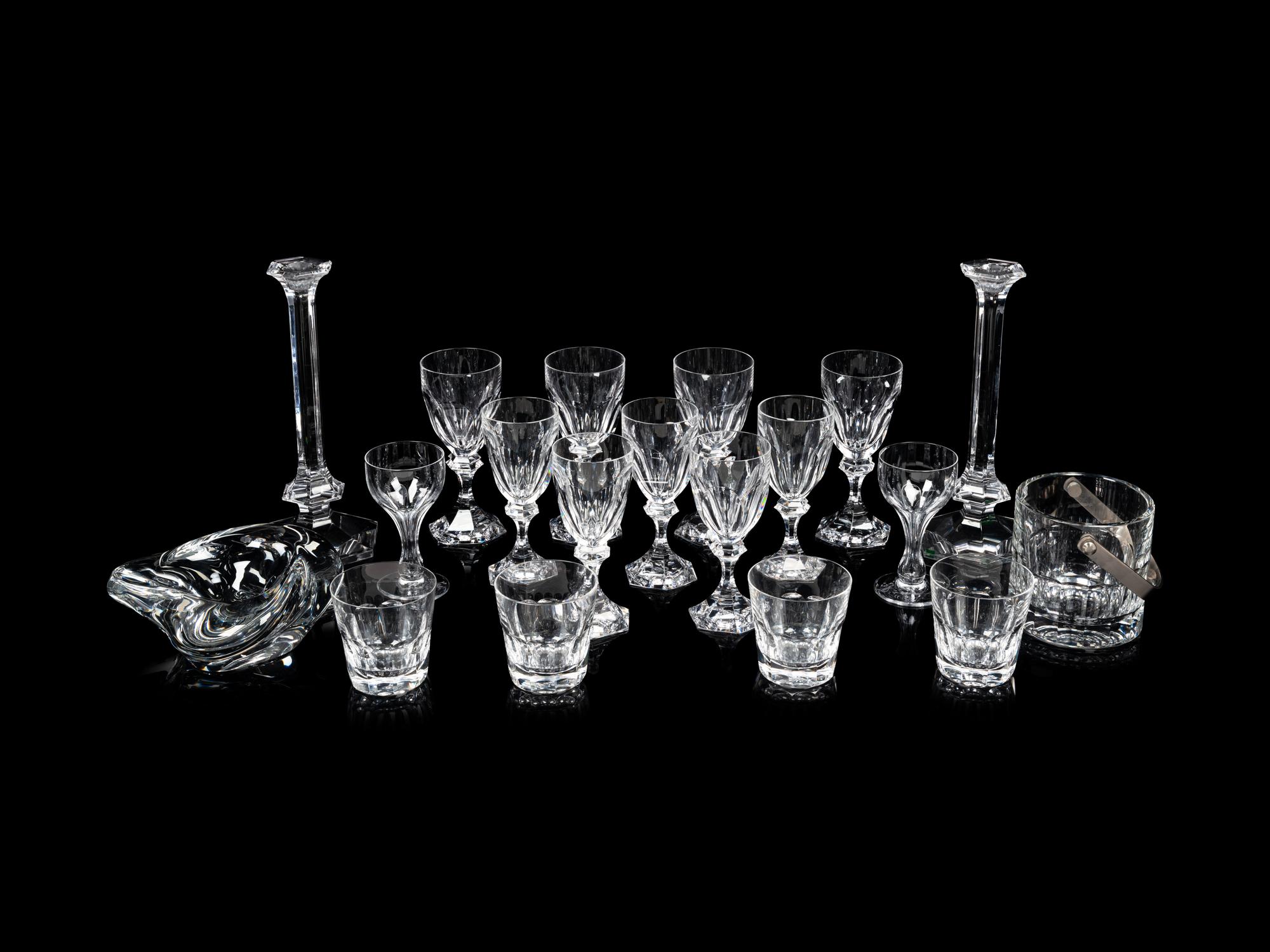 A Collection of Saint Louis Glass Barware and a Pair of Val St. Lambert Elysee Candlesticks