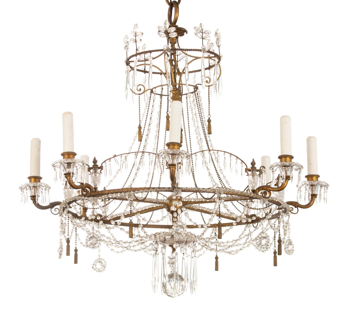 A Regency Style Gilt Metal and Crystal Eight-Light Chandelier Height 32 x diameter 31 inches. — EARLY 20TH CENTURY