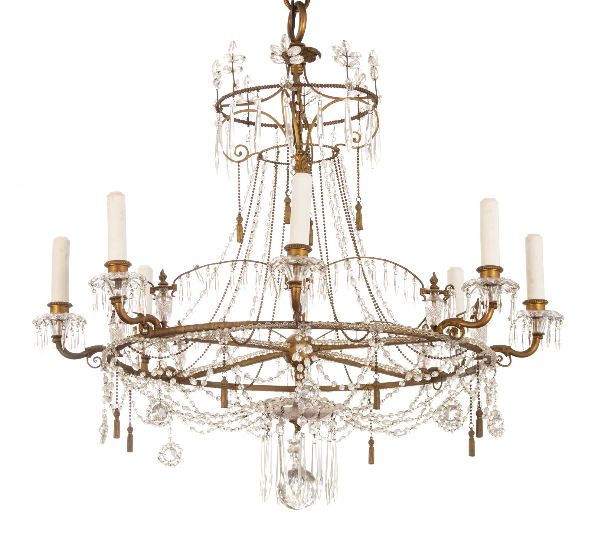 A Regency Style Gilt Metal and Crystal Eight-Light Chandelier Height 32 x diameter 31 inches. — EARLY 20TH CENTURY