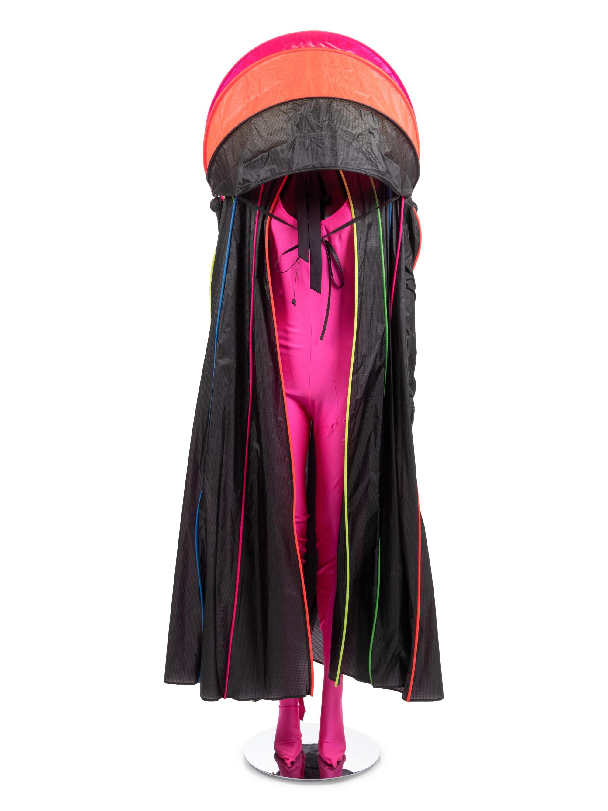 Paco Rabanne Nylon Rain Coat with Pink Jumpsuit, 1990s