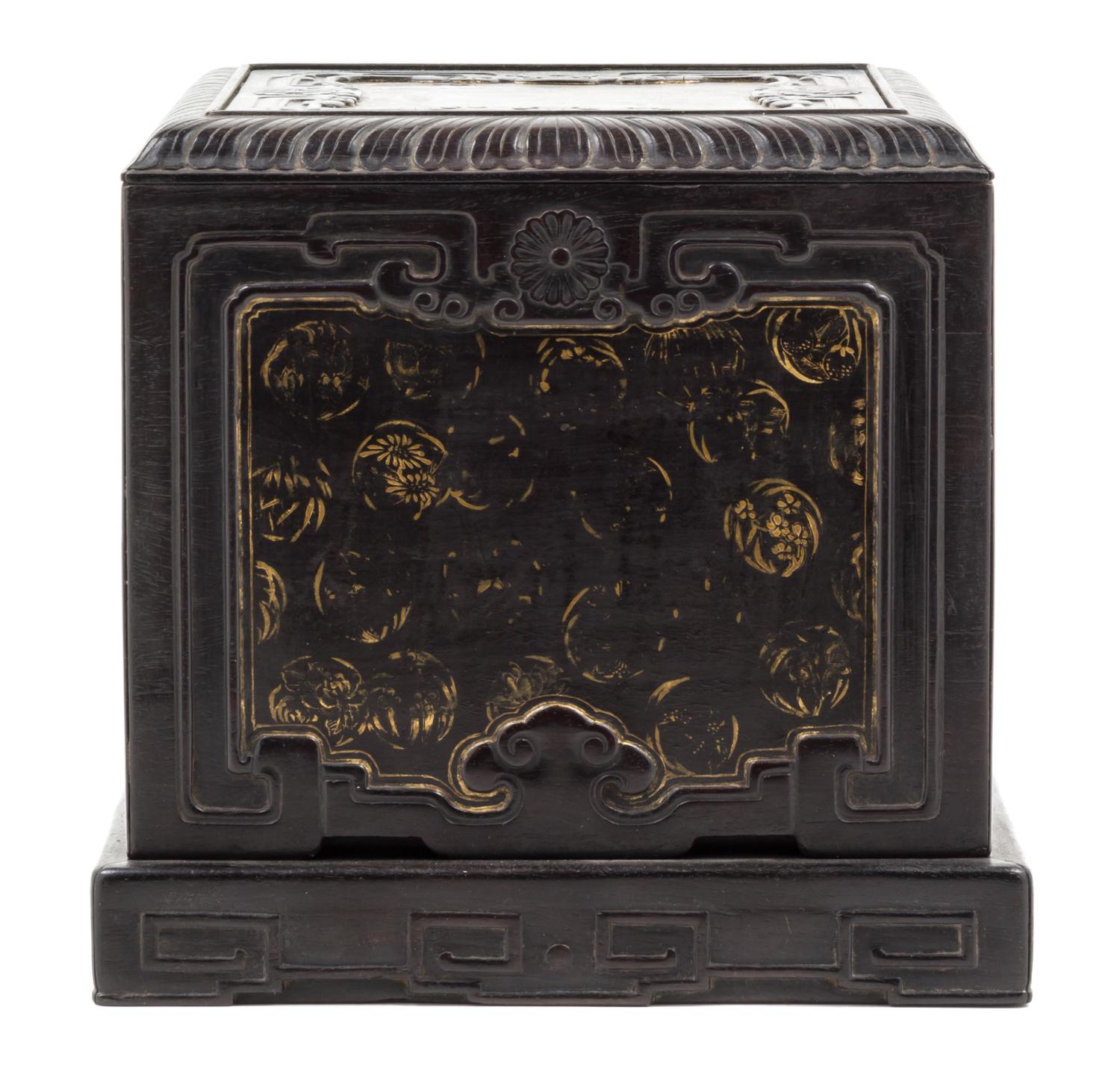 A Carved Wood Seal Box and Cover Height 7 1/4 x width 7 5/8 x depth 7 5/8 inches.