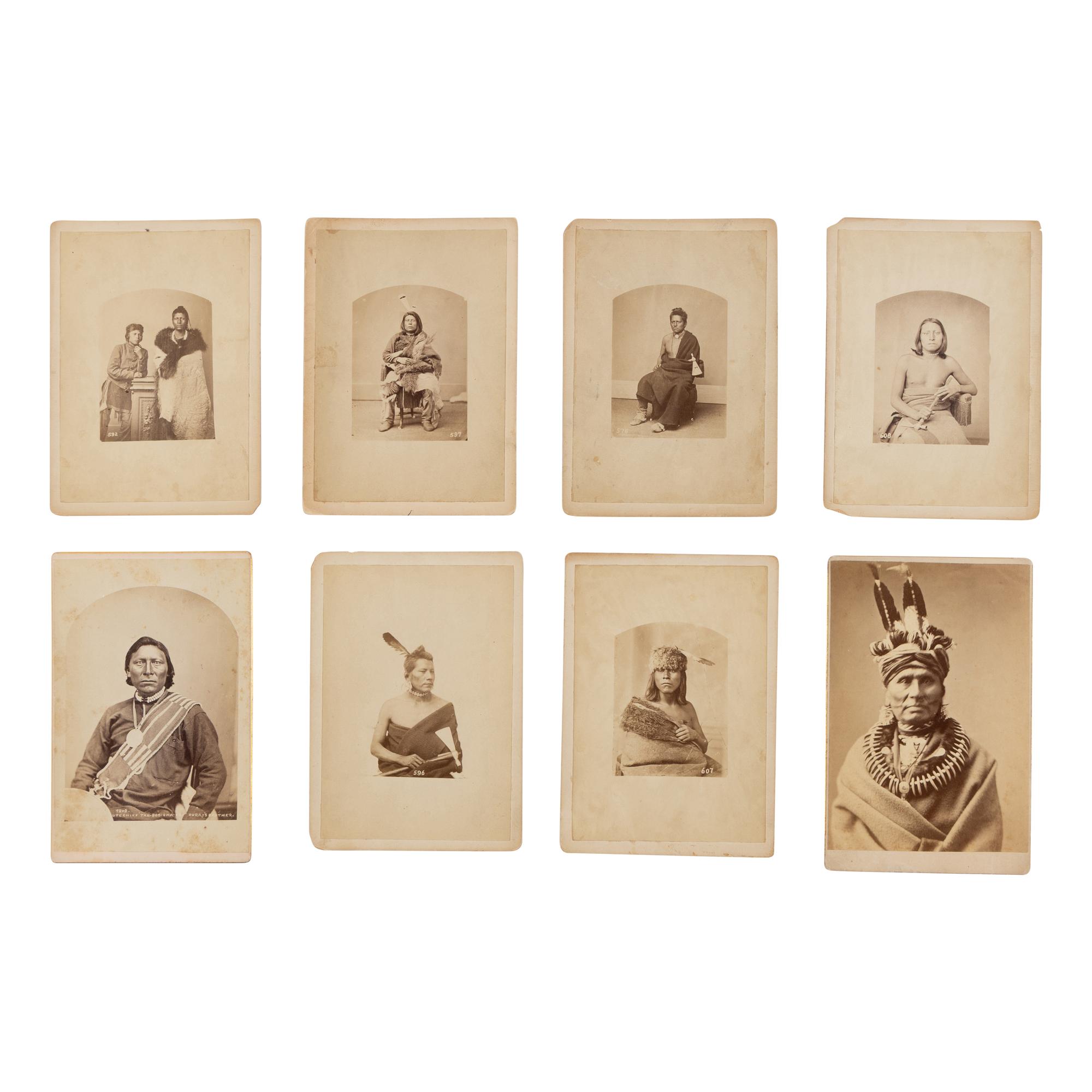 William Henry Jackson AND Alexander Gardner (American, 1843-1942 / Scottish-American 1821-1882) — Eight Cabinet Cards of Native American Subjects