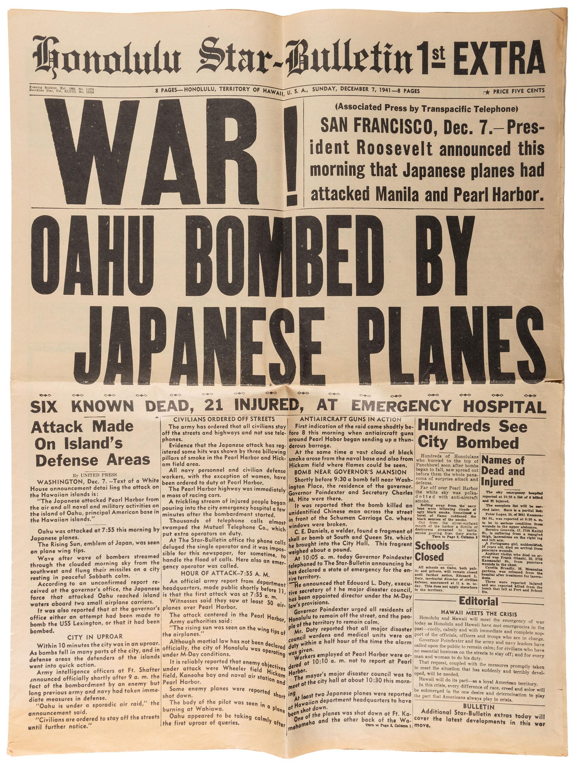 [WORLD WAR II]. Honolulu Star-Bulletin . 1941 Memorial Pearl Harbor Early Reprint.