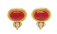 A Pair of 18 Karat Yellow Gold, Coral and Diamond Earclips, 16.30 dwts.