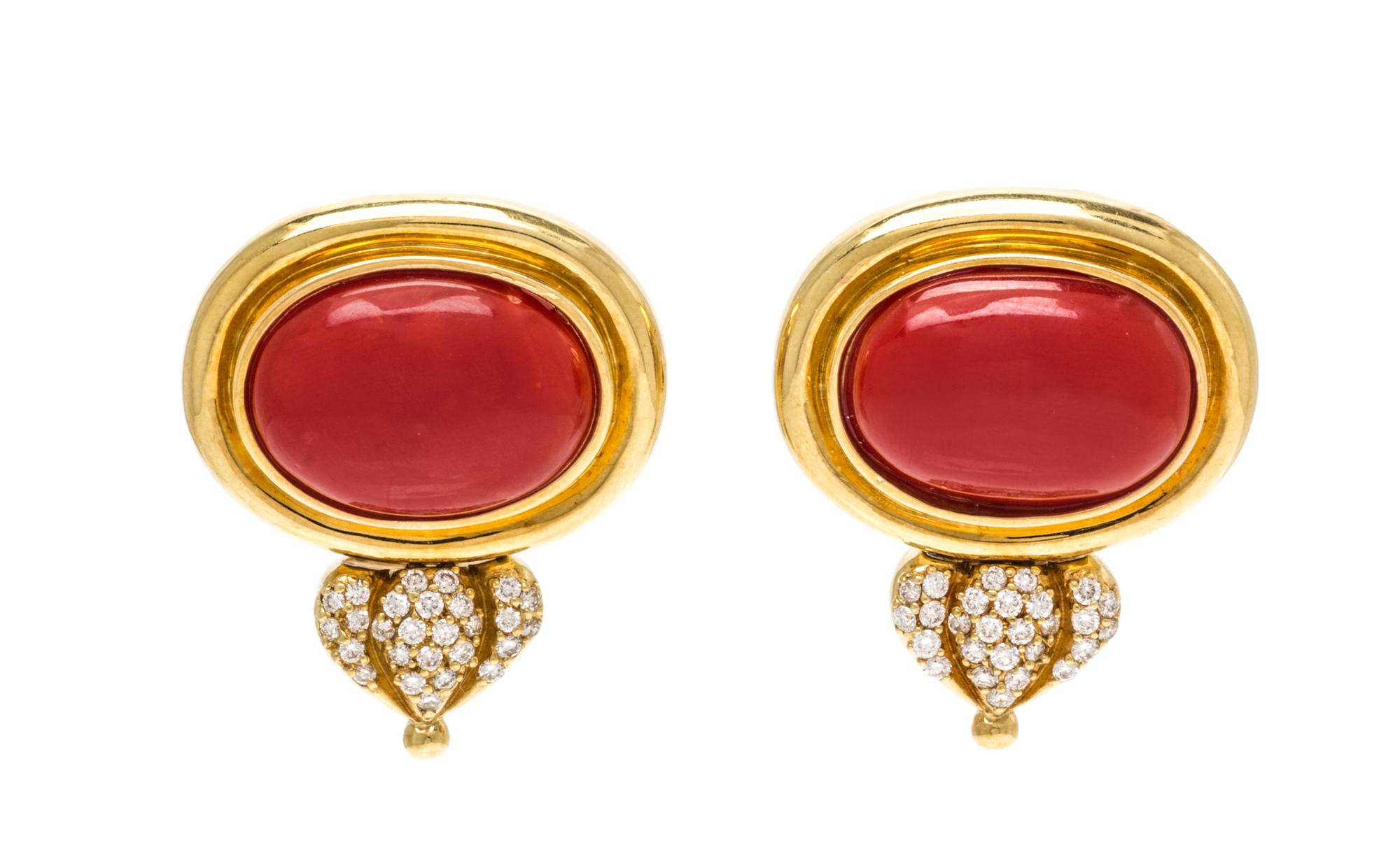 A Pair of 18 Karat Yellow Gold, Coral and Diamond Earclips, 16.30 dwts.