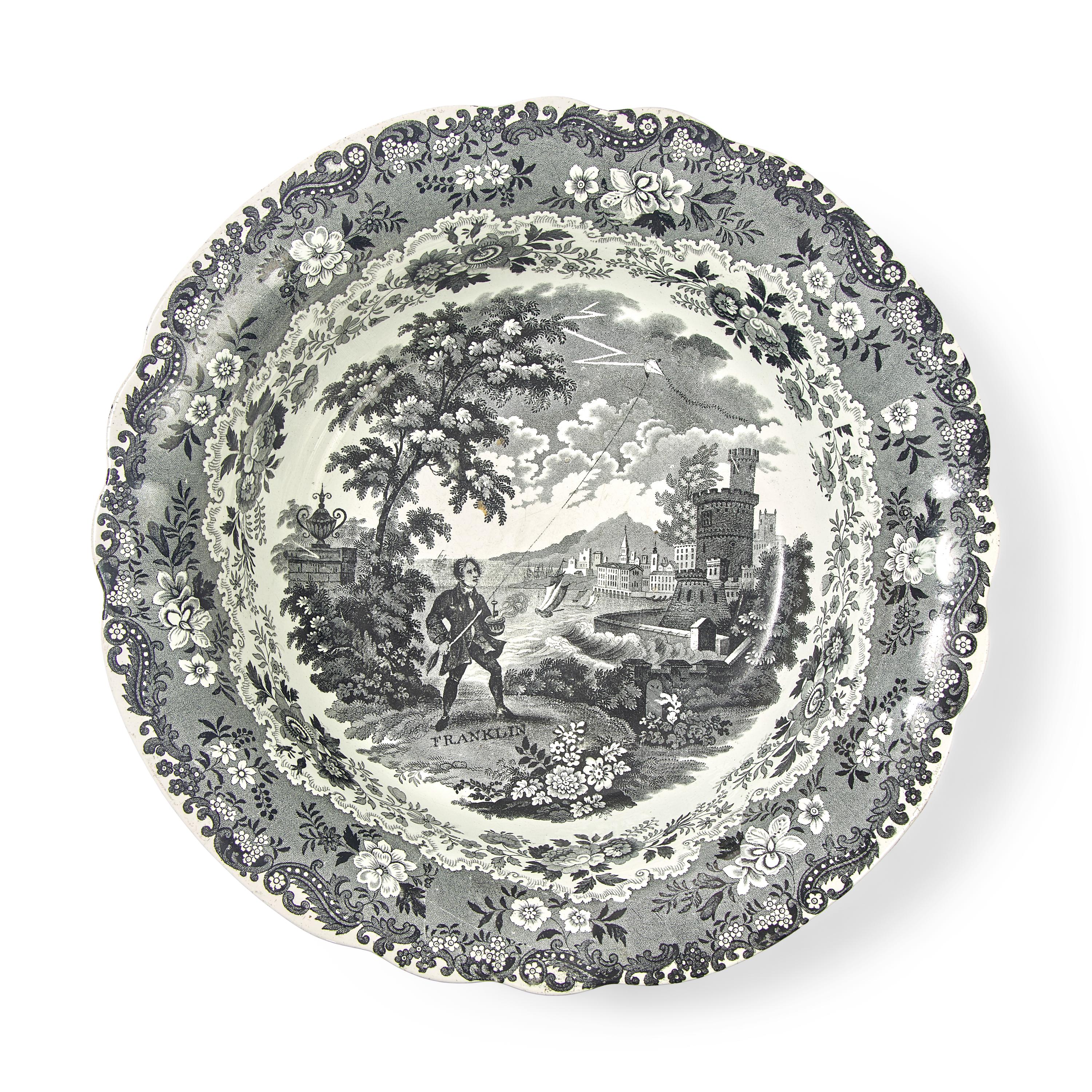 A Staffordshire Historical Transferware Franklin and Kite Pattern Punch Bowl and Basin