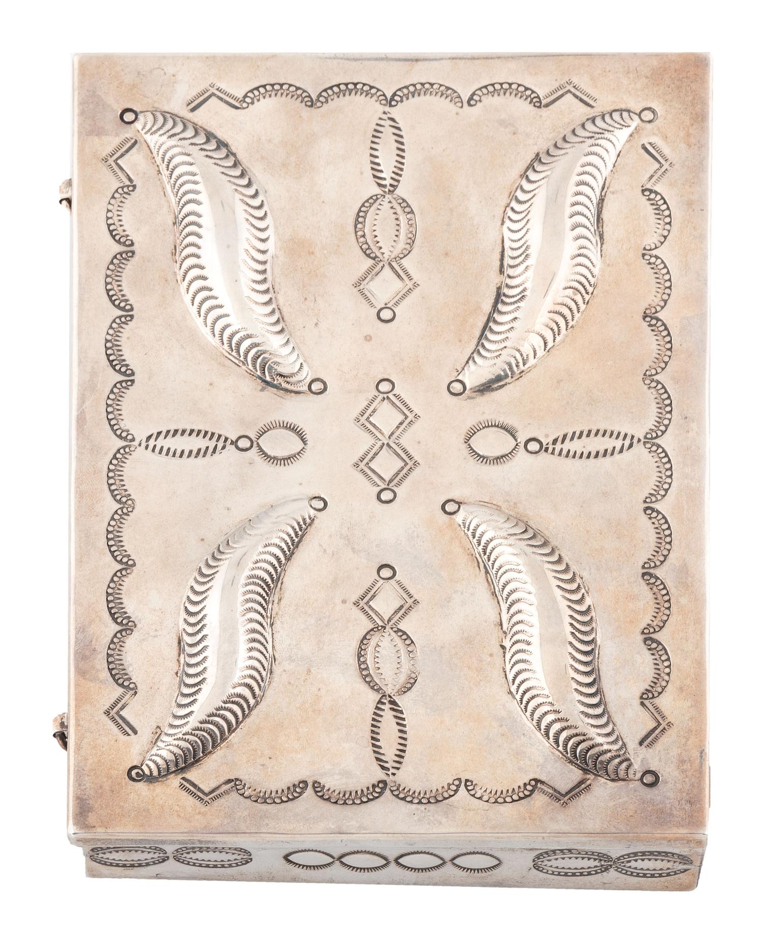 Navajo Heavily Stamped Silver Lidded Box, with Repoussé Accents