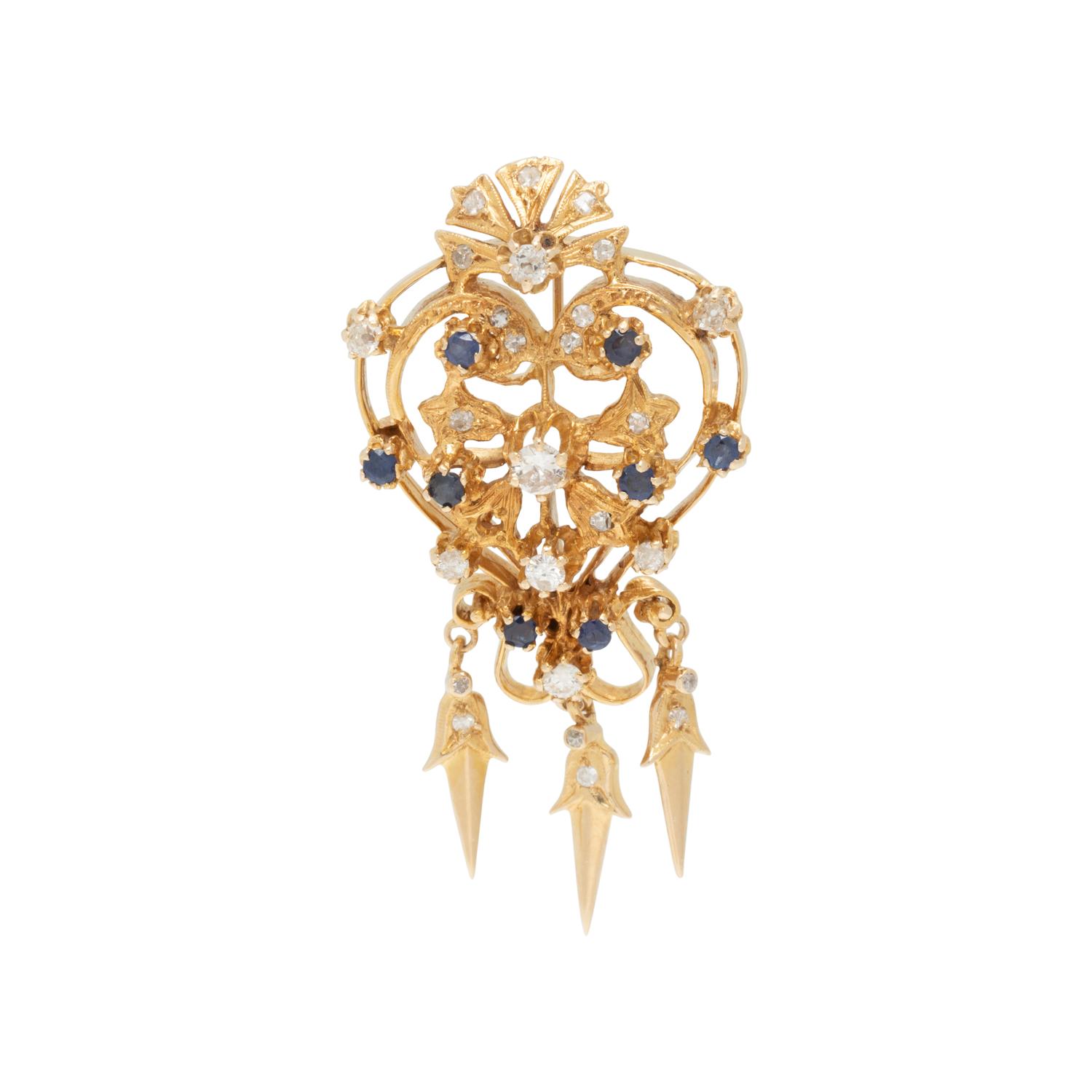 YELLOW GOLD, DIAMOND AND SAPPHIRE PENDANT/BROOCH
