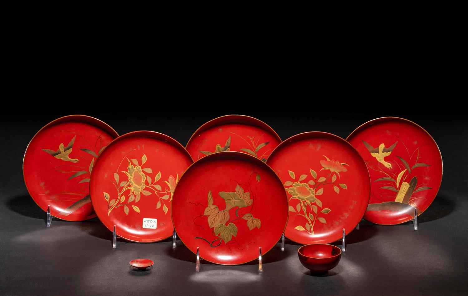 Eight Japanese Gilt Decorated Red Lacquered Wares