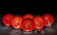 Eight Japanese Gilt Decorated Red Lacquered Wares