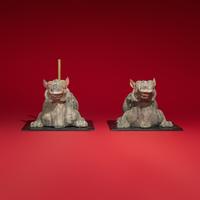 A Rare Chinese Painted Earthenware Chimera and Chimes Set, Qing and Bixie, Western Han Dynasty — 西漢 灰陶編磬一組連辟邪座