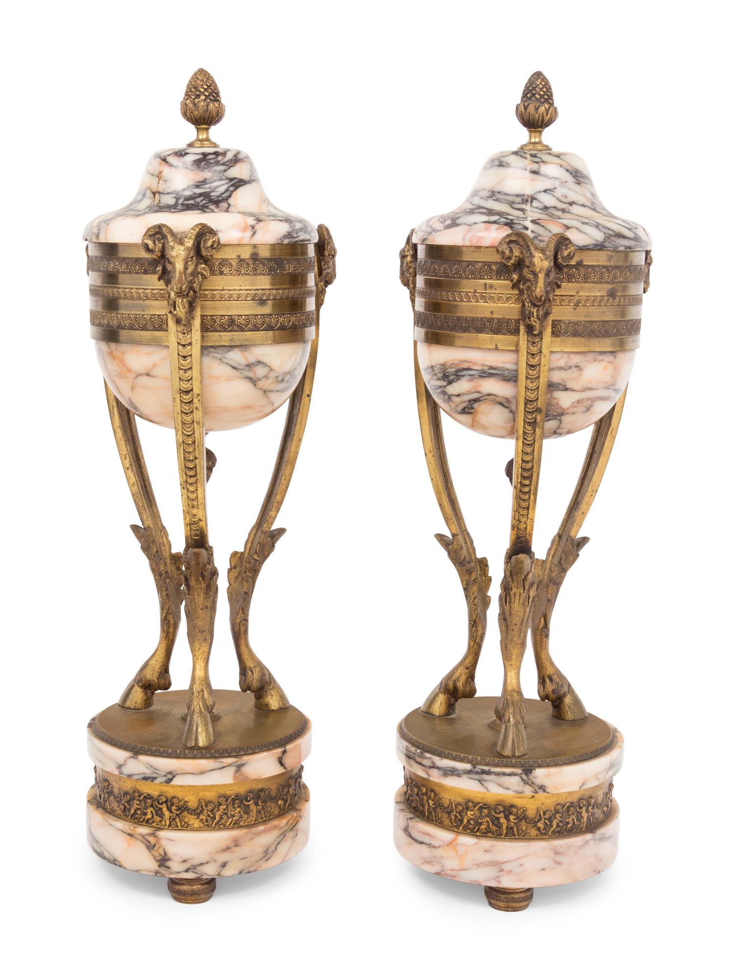 A Pair of Empire Style Gilt Bronze and Marble Cassolettes
