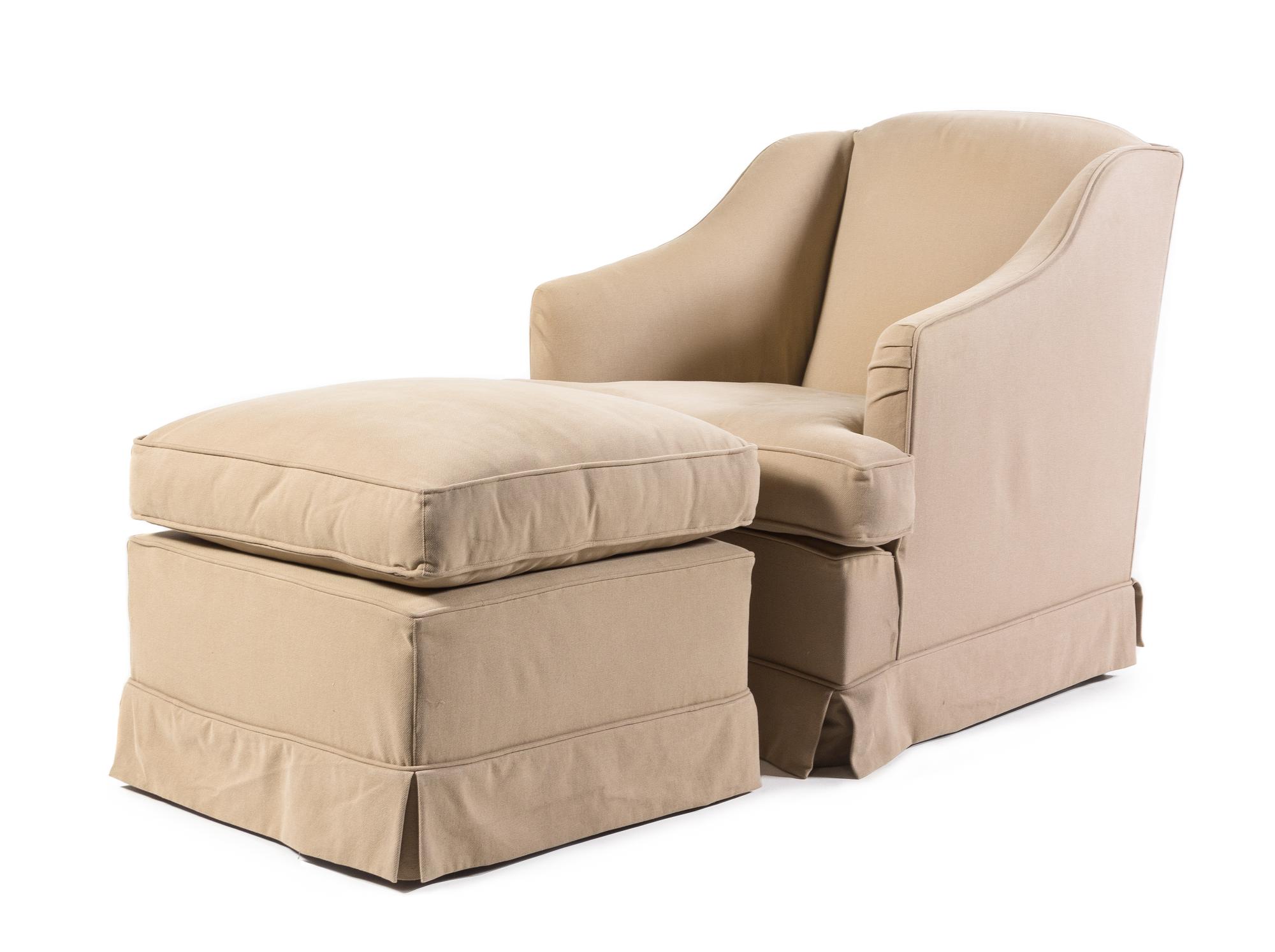 A Canvas Upholstered Club Chair and Ottoman Height of chair 33 x width 28 3/8 x depth 36 inches. — 20TH CENTURY
