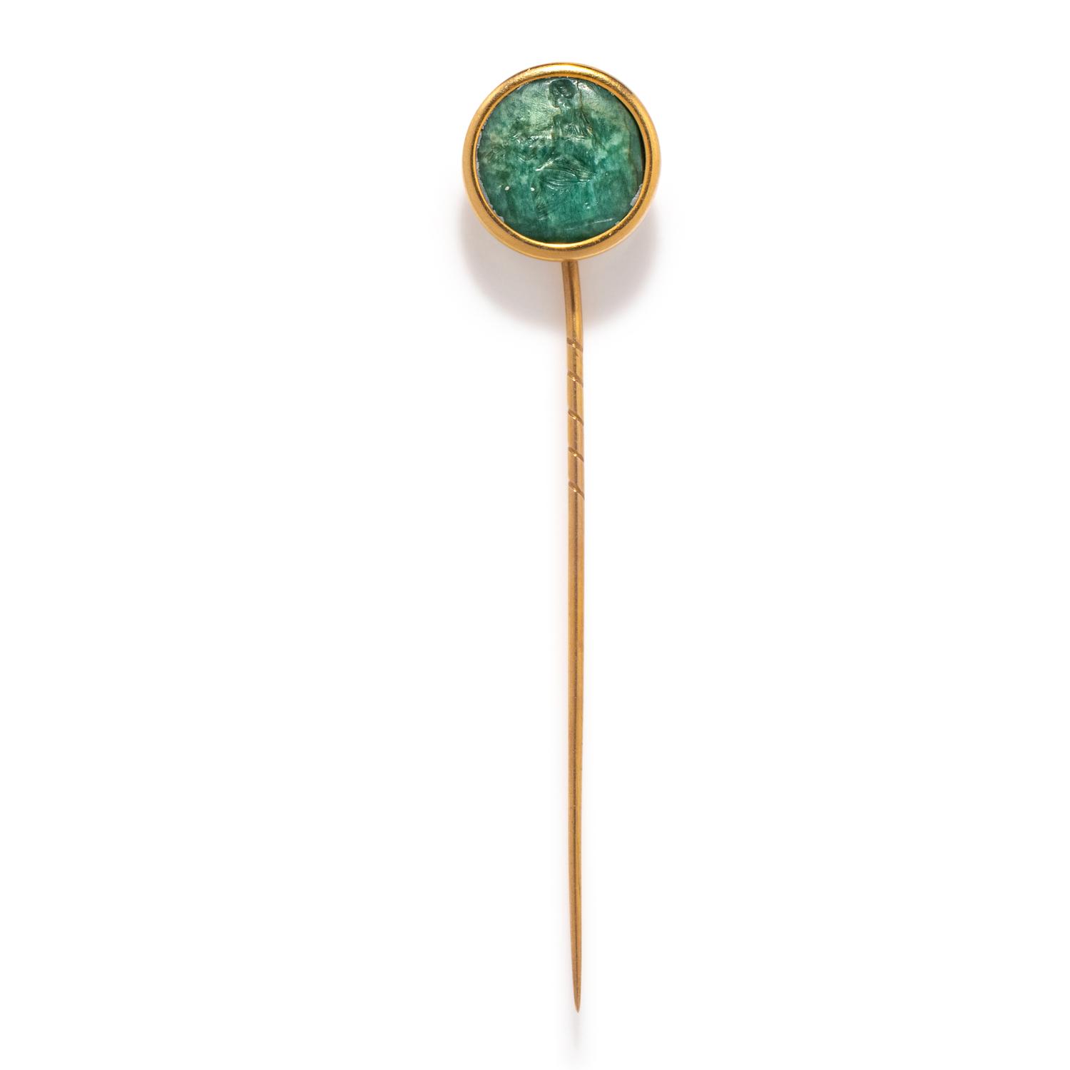 A Roman Plasma Ring Stone with the Gods Venus and Eros — Set in a gold stickpin