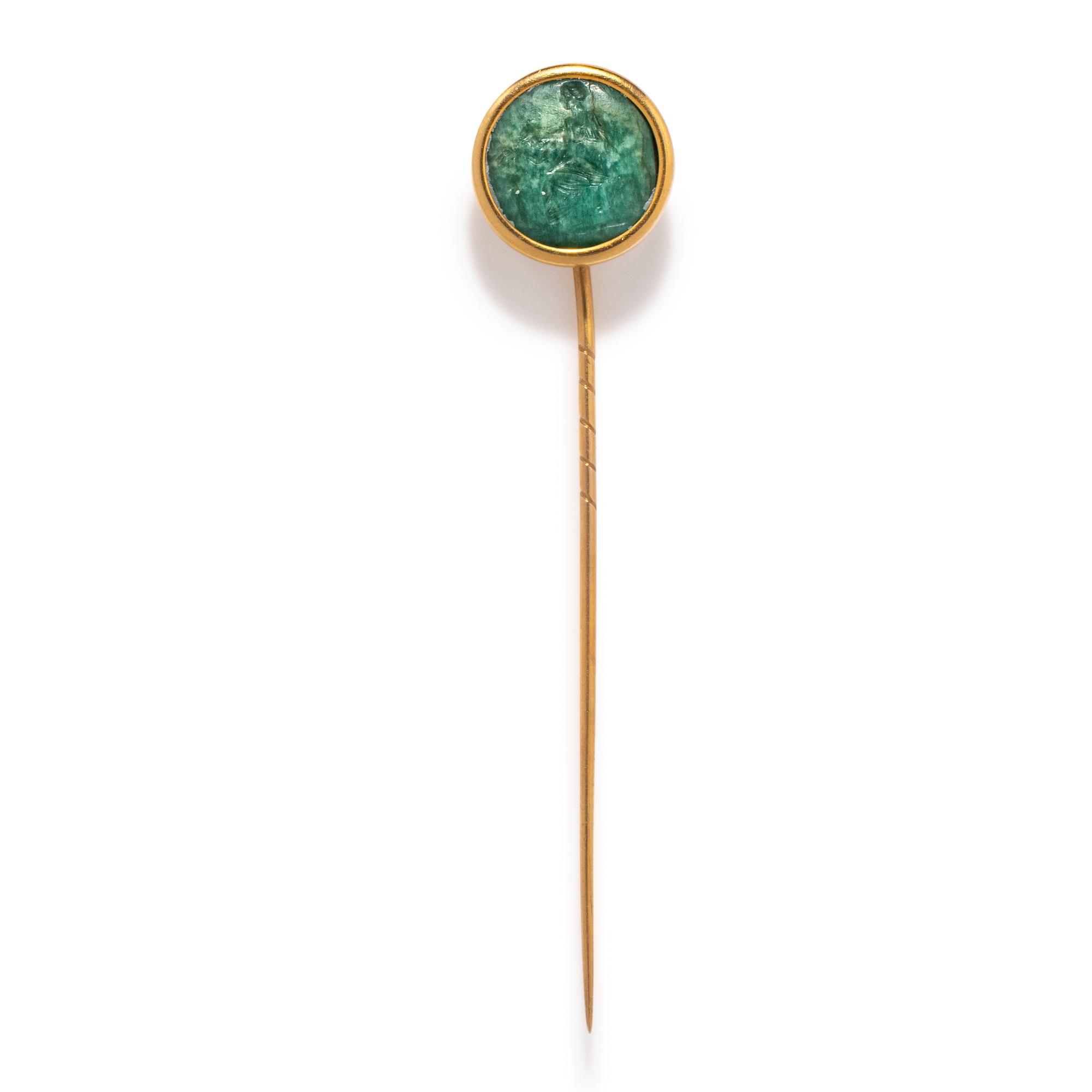 A Roman Plasma Ring Stone with the Gods Venus and Eros — Set in a gold stickpin