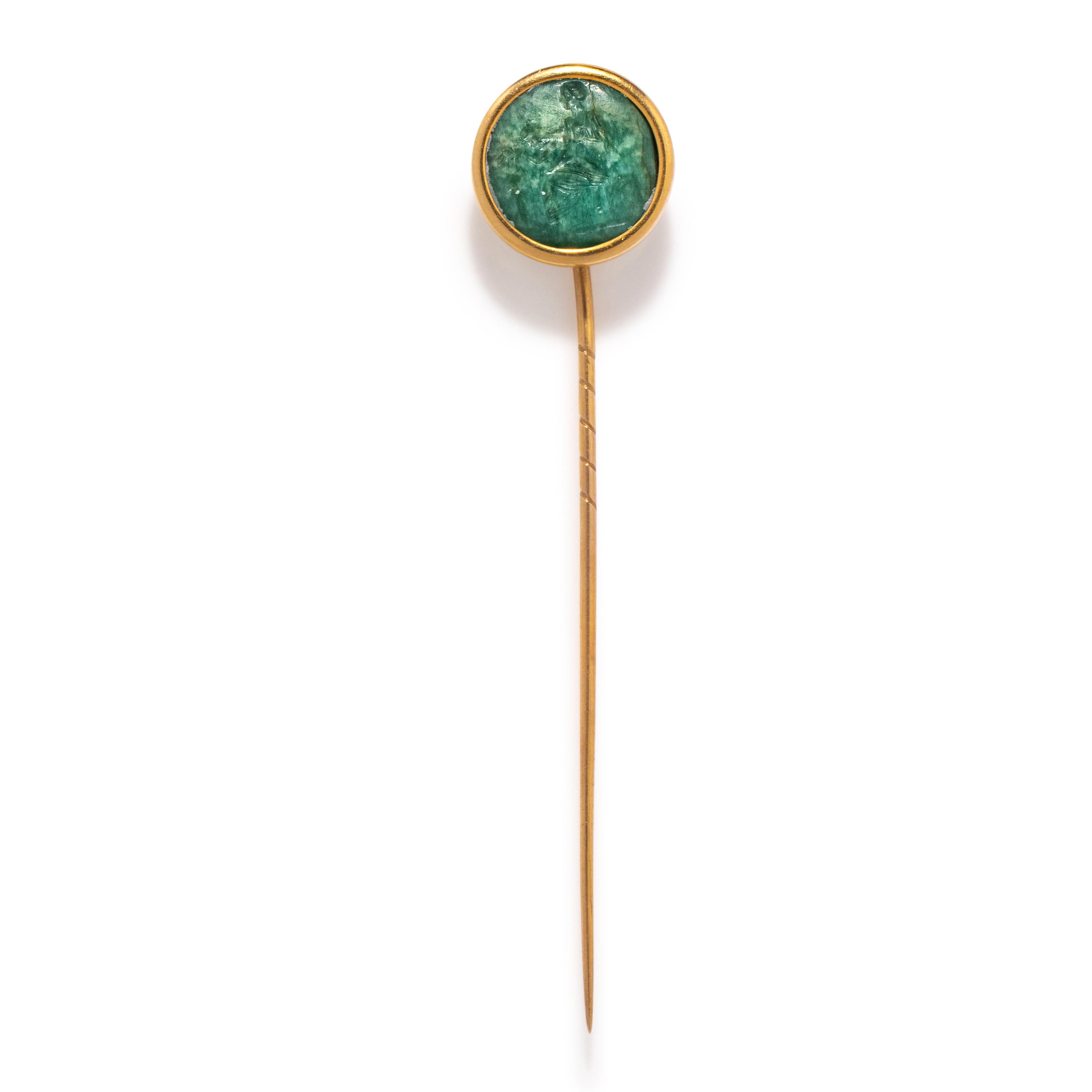 A Roman Plasma Ring Stone with the Gods Venus and Eros — Set in a gold stickpin