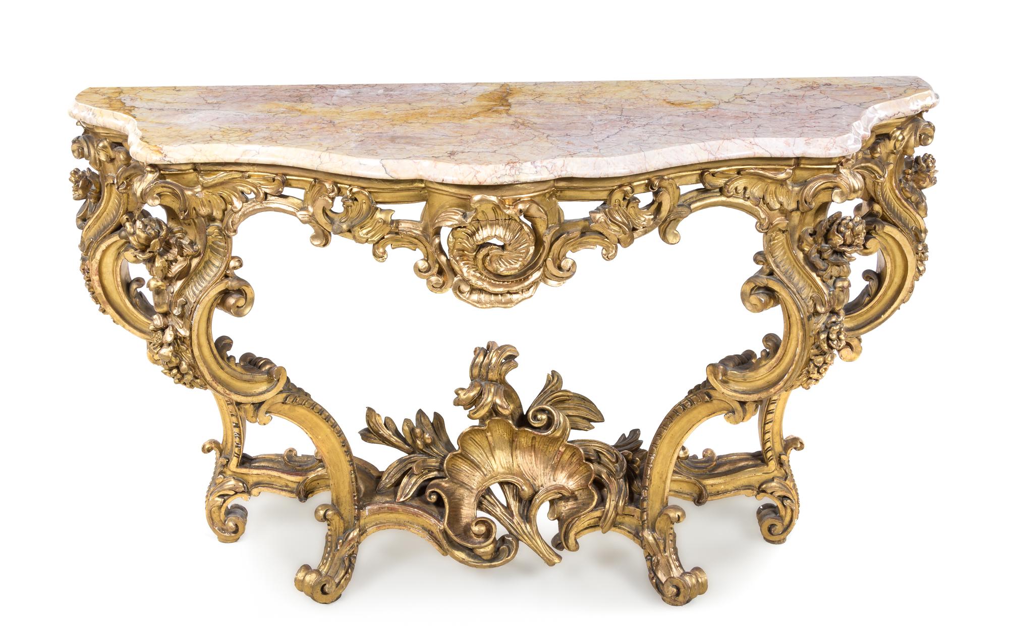 A Louis XV Style Giltwood Console Table Height 33 1/8 x width 55 x depth 20 3/4 inches. — 19TH CENTURY