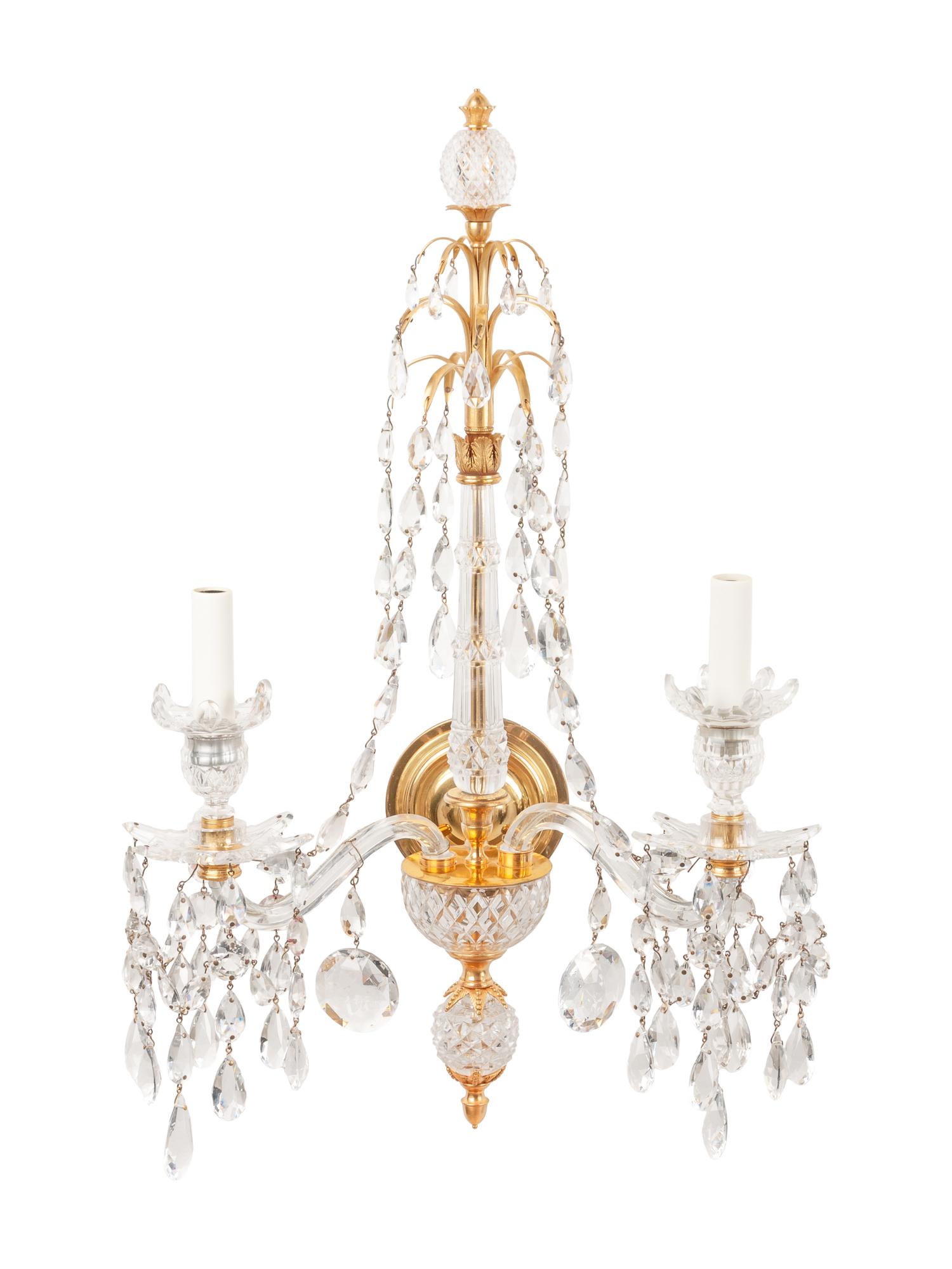 A Set of Four Georgian Style Cut Glass Two-Light Sconces
