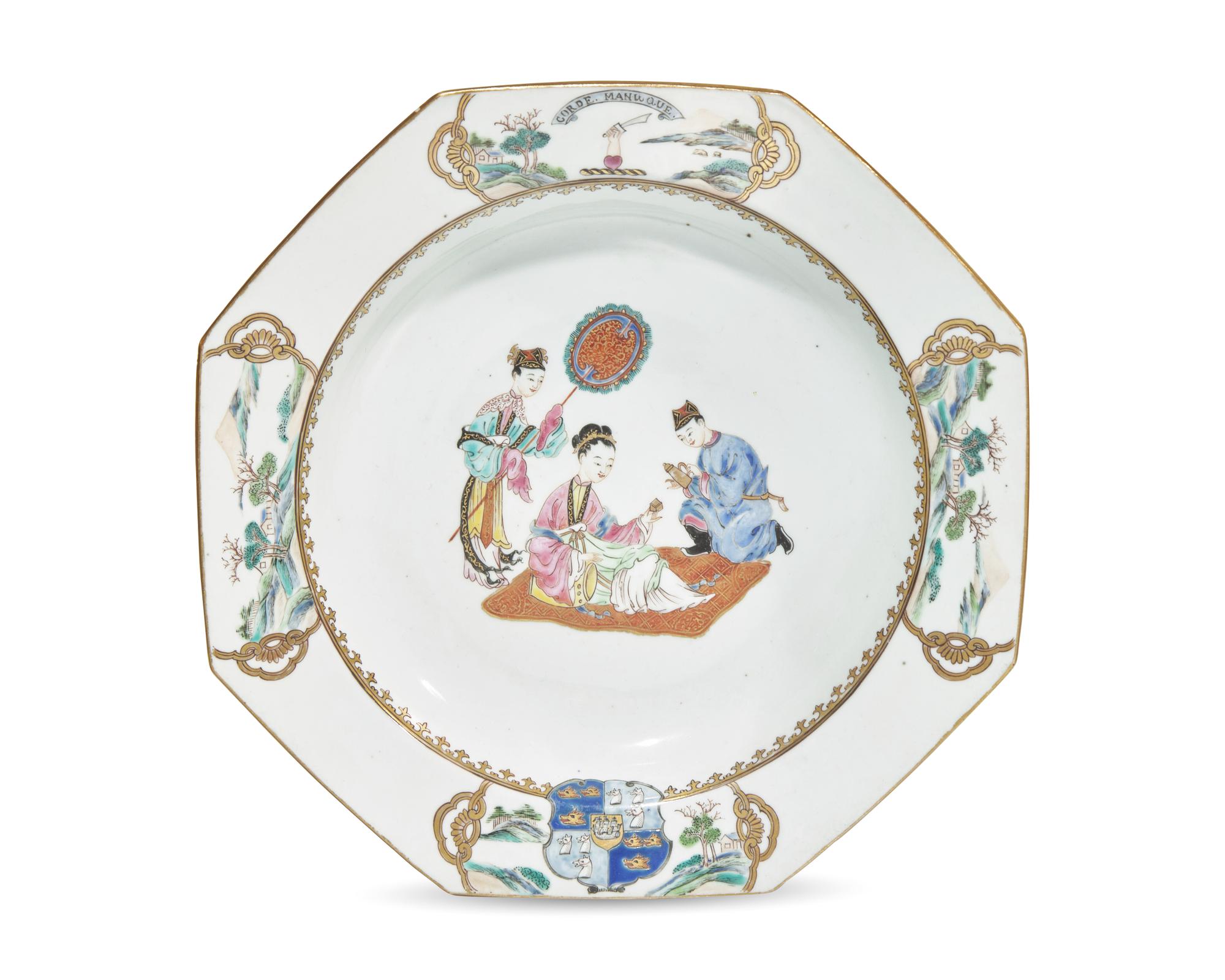 A Chinese Export Porcelain Famille Rose Octagonal Plate Bearing The Crest Of Gordon Of Invergordon