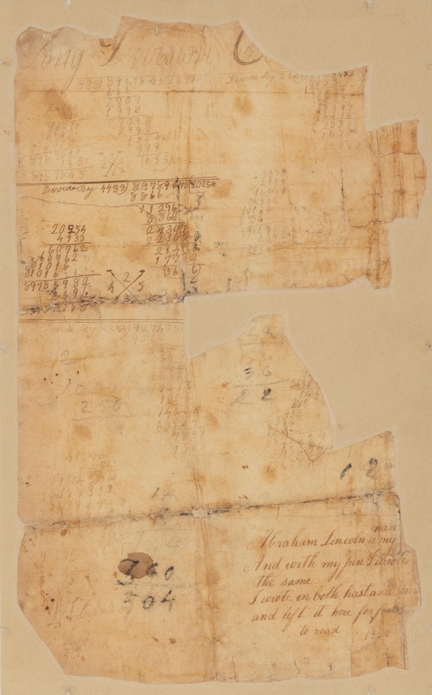 LINCOLN, Abraham (1809-1865). Autograph sum book leaf signed twice ("Abraham Lincoln"). Pigeon Creek, Spencer County, Indiana, ca. 1824.