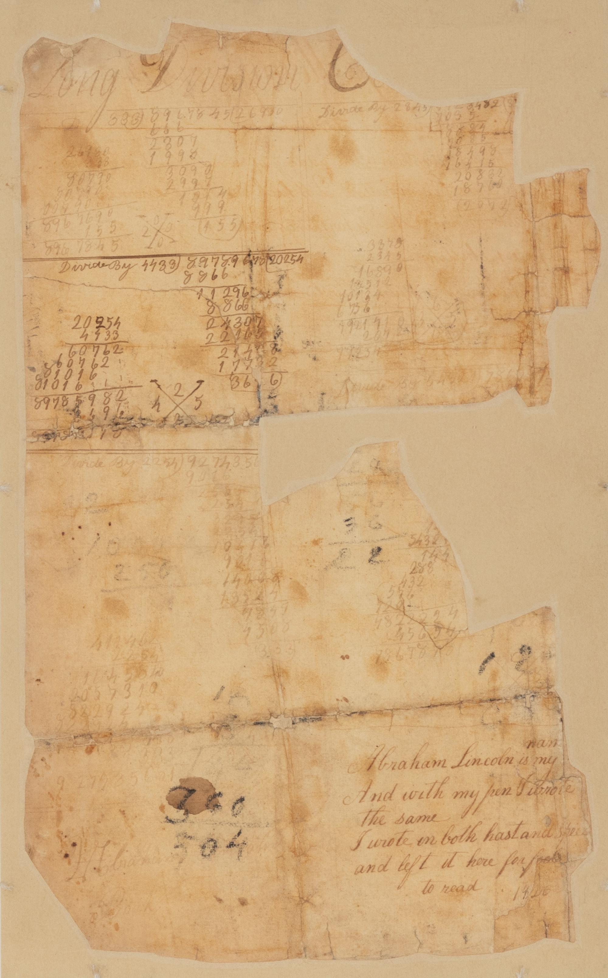 LINCOLN, Abraham (1809-1865). Autograph sum book leaf signed twice ("Abraham Lincoln"). Pigeon Creek, Spencer County, Indiana, ca. 1824.