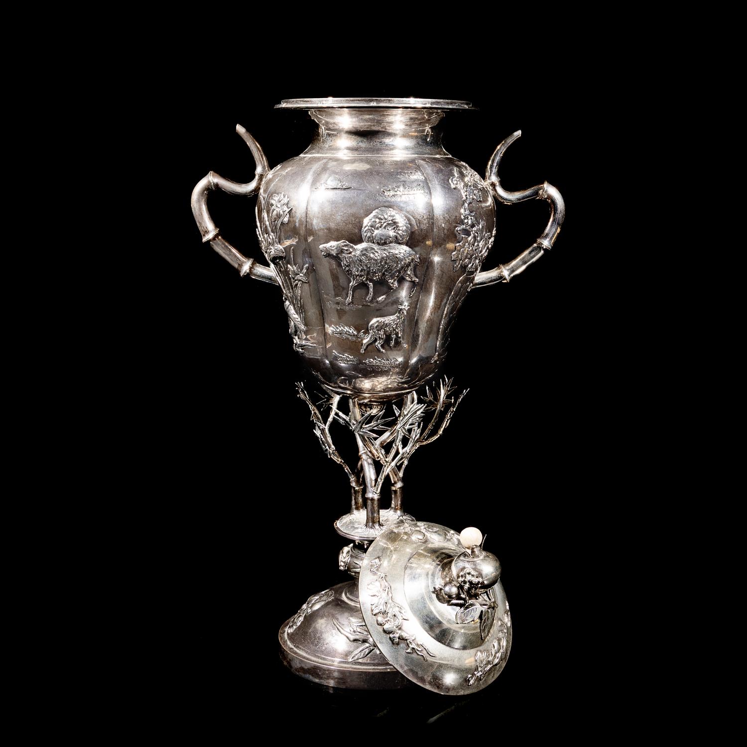A Chinese Export Silver Cup and Cover, Early 20th Century 晚清-民國 外銷歲寒三友銀杯