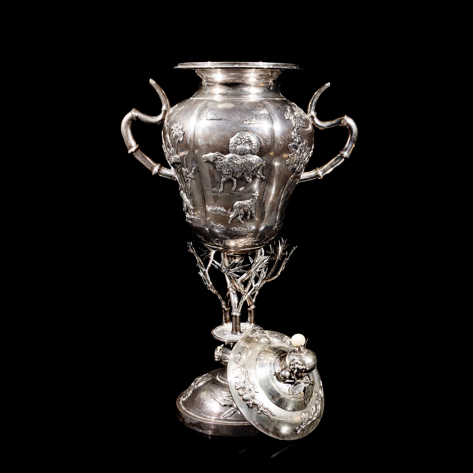 A Chinese Export Silver Cup and Cover, Early 20th Century 晚清-民國 外銷歲寒三友銀杯