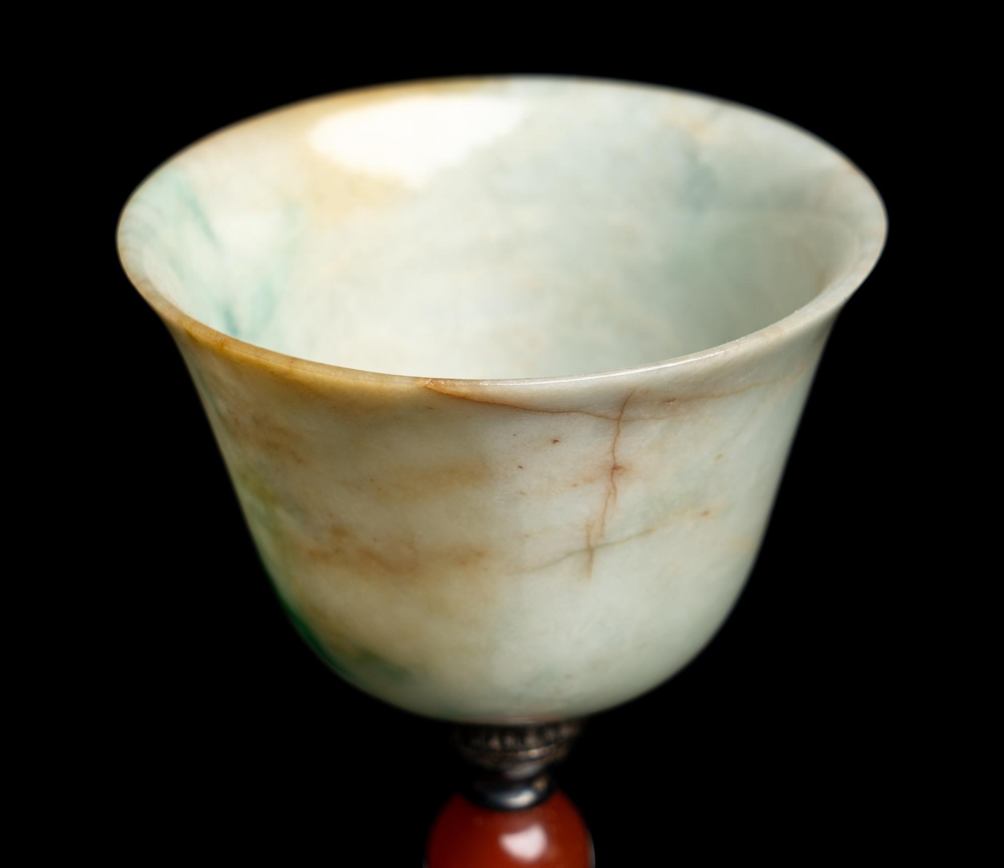 A Set of Four Chinese Jadeite, Agate and Silvered Metal Mounted Goblets