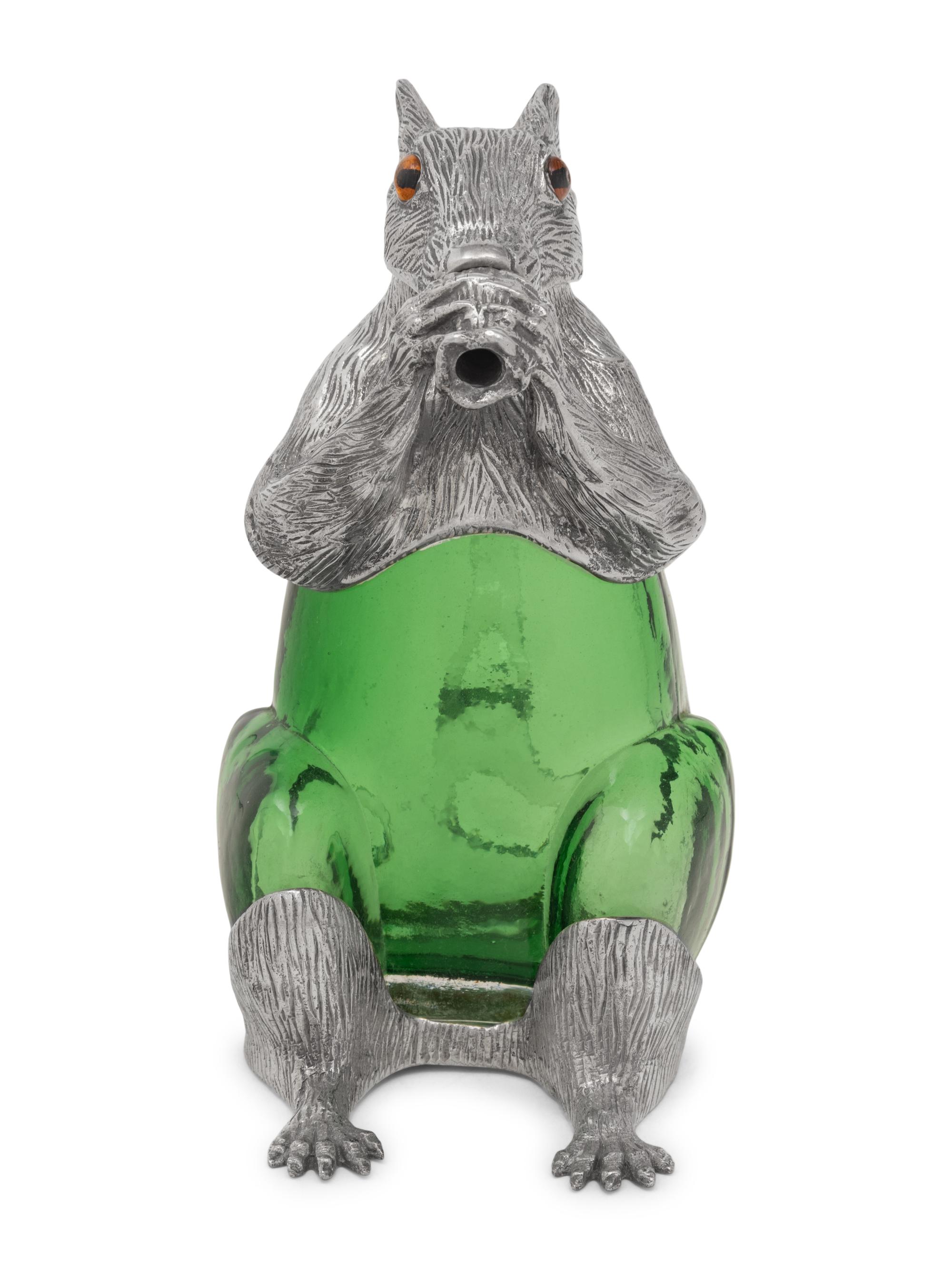 A Silver-Plate and Green Glass Squirrel Decanter