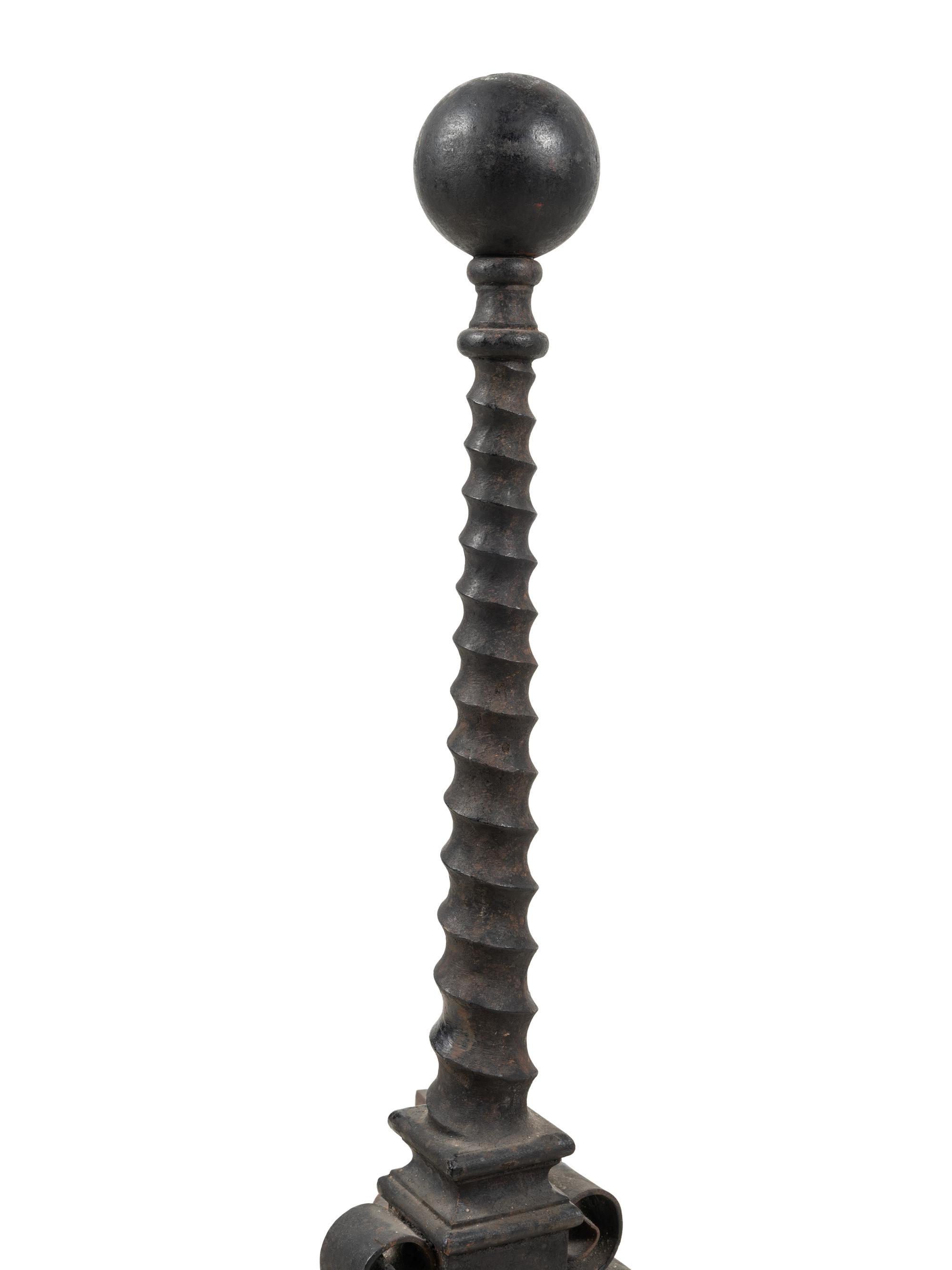 A Pair of Continental Iron Spiral-Twist Ball-Top Andirons