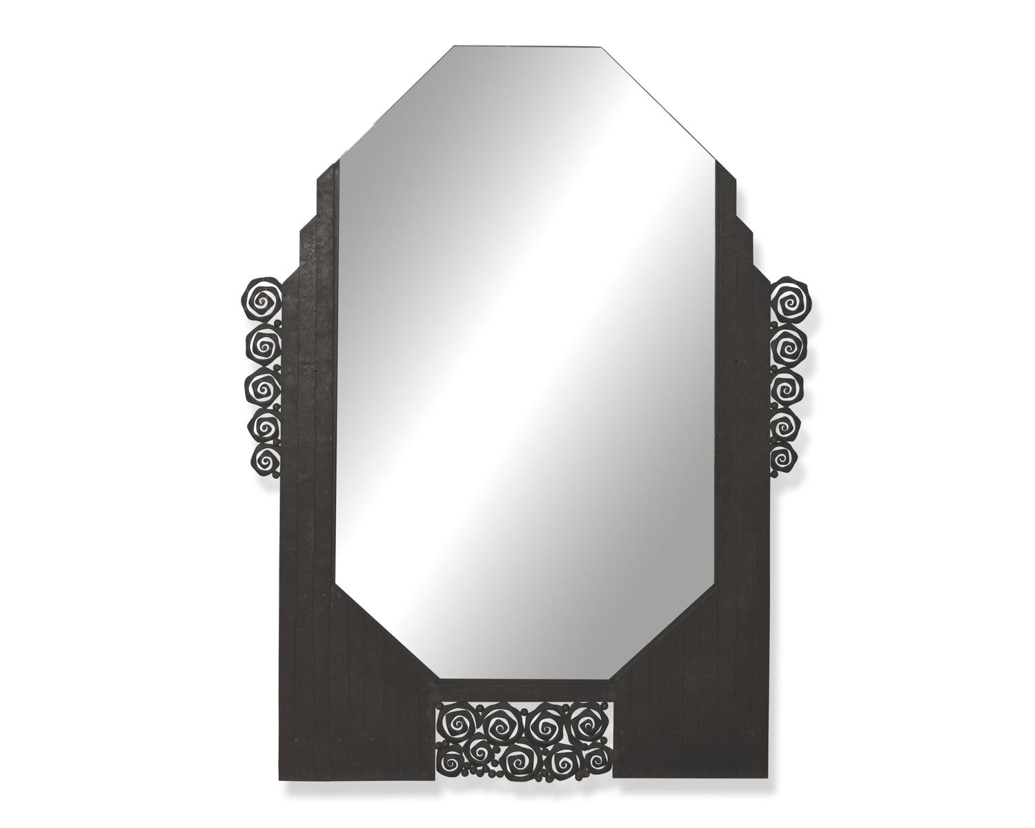 A French Art Deco wrought iron mirror, signed "Denand," circa 1930