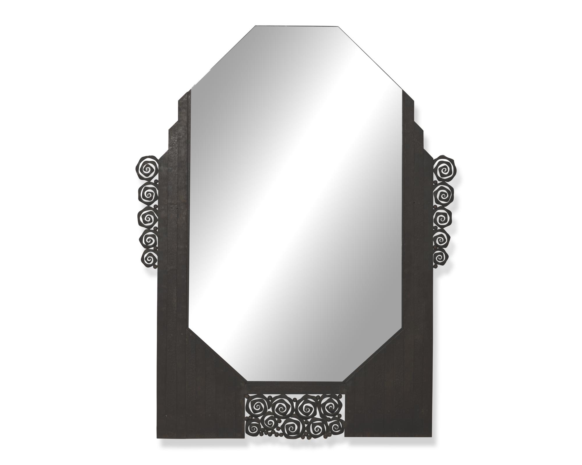 A French Art Deco wrought iron mirror, signed "Denand," circa 1930