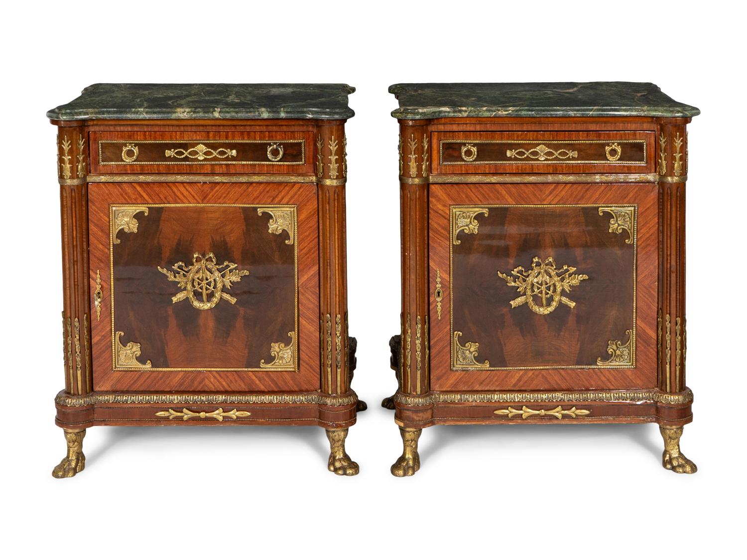 A Pair of French Empire Style Beside Cabinets with Verde Indio Marble Tops