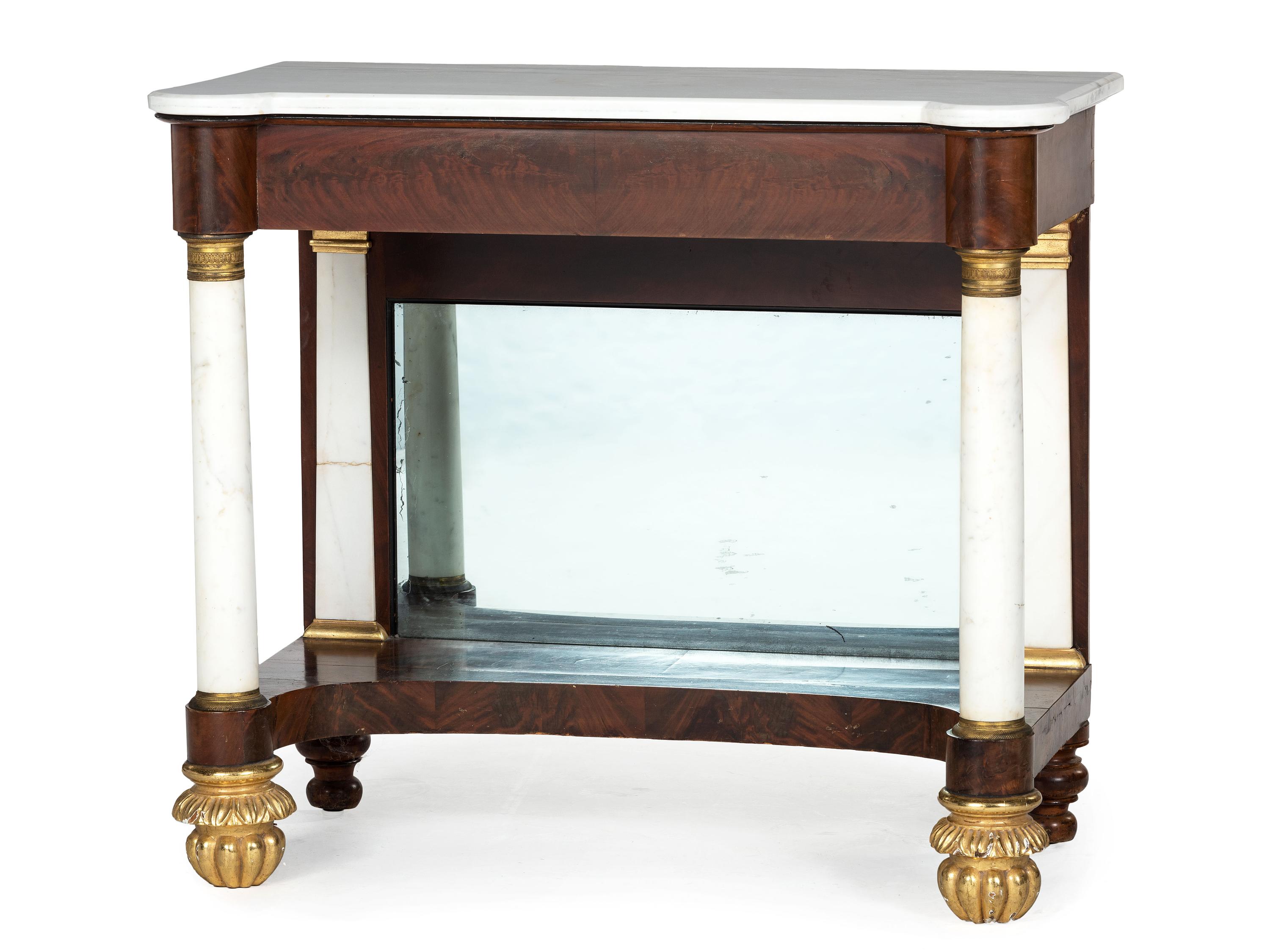 A Classical Parcel Gilt and Figured Mahogany Gilt-Metal Mounted Marble Top Pier Table