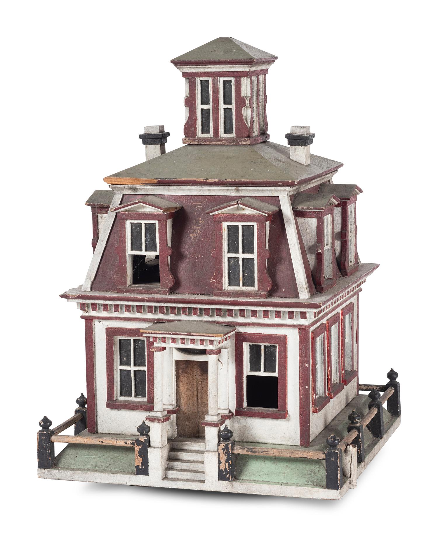 A Folk Art Painted Birdcage in the Form of a House